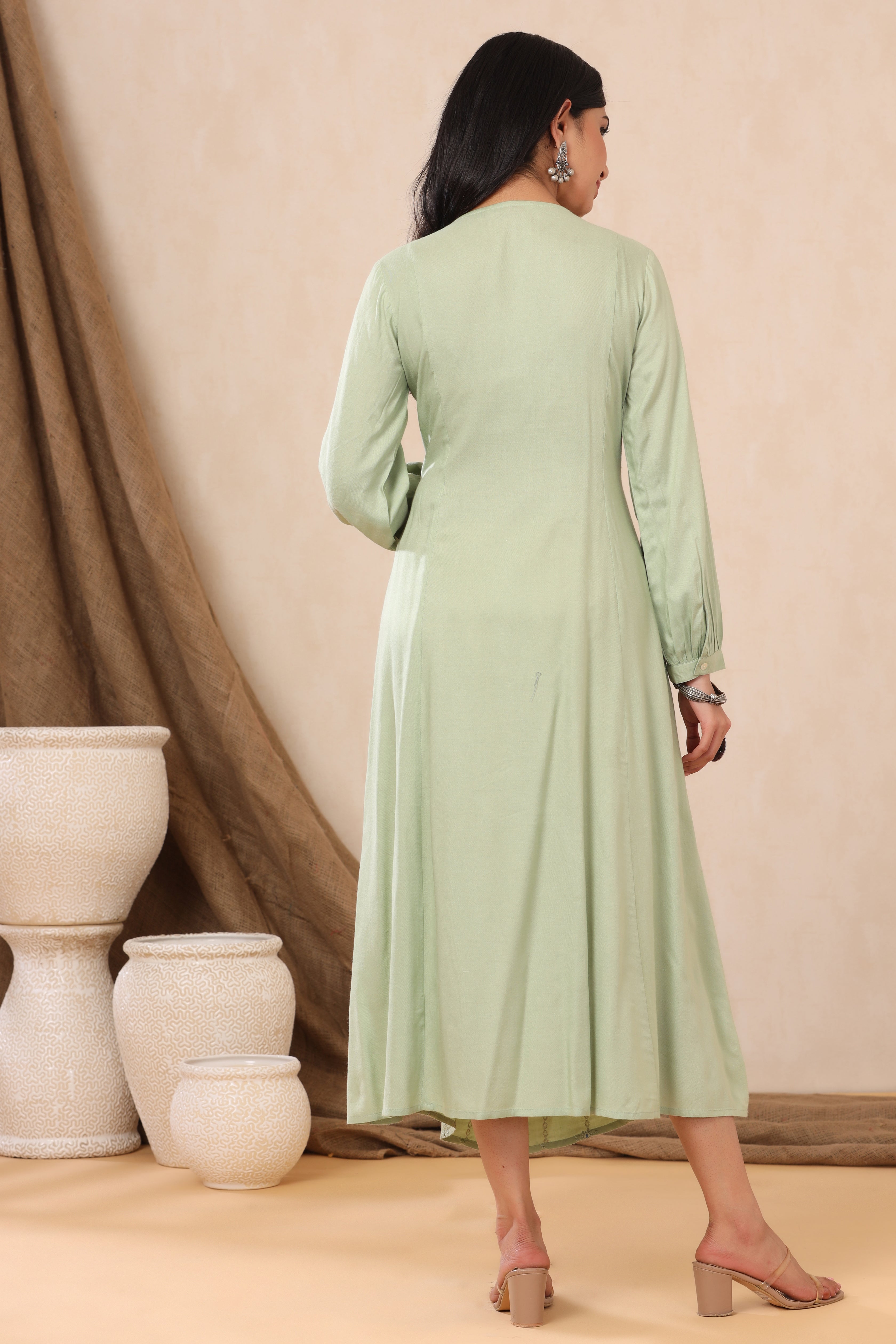 Juniper Light Olive LIVA Embroidered A-Line Dress