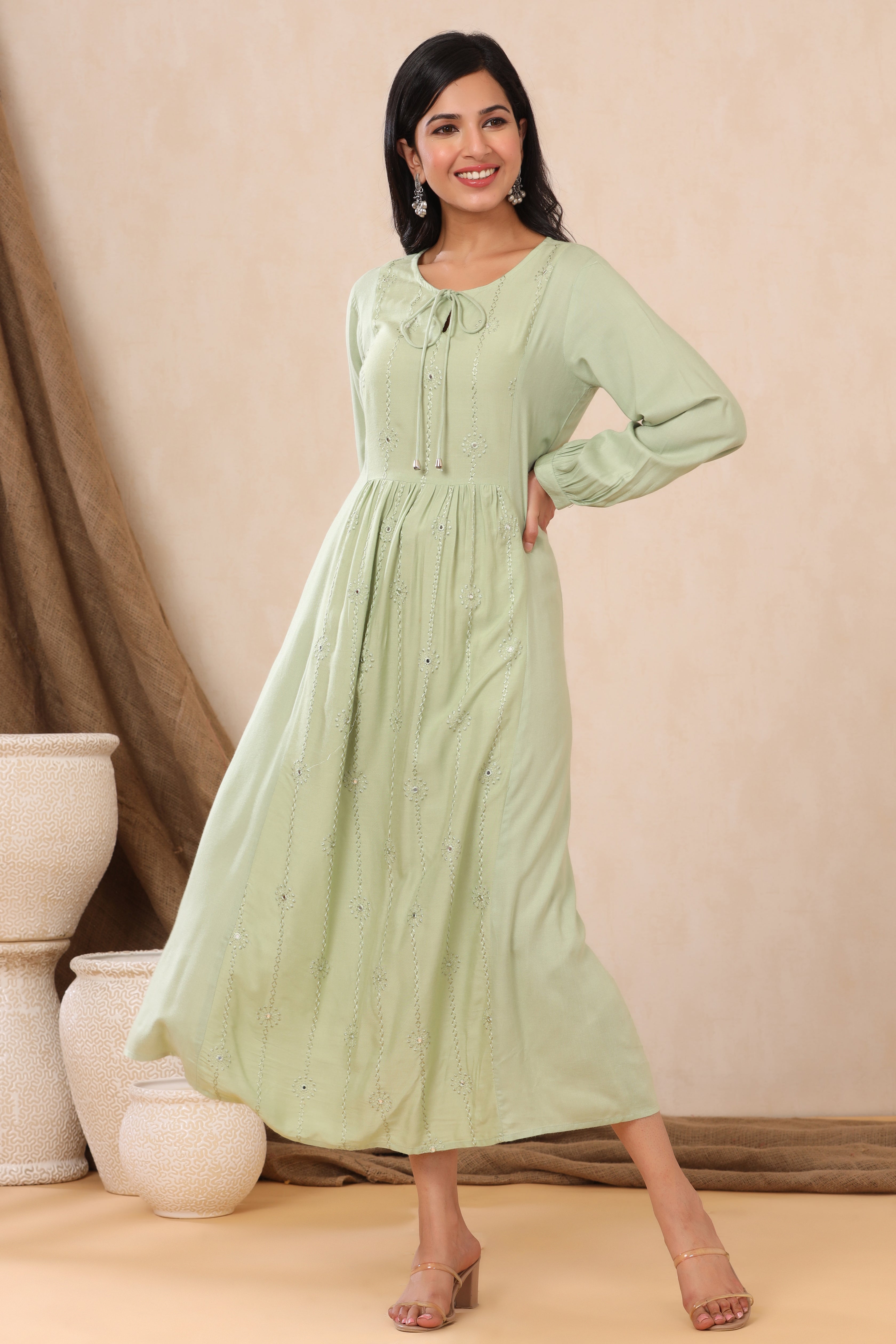 Juniper Light Olive LIVA Embroidered A-Line Dress