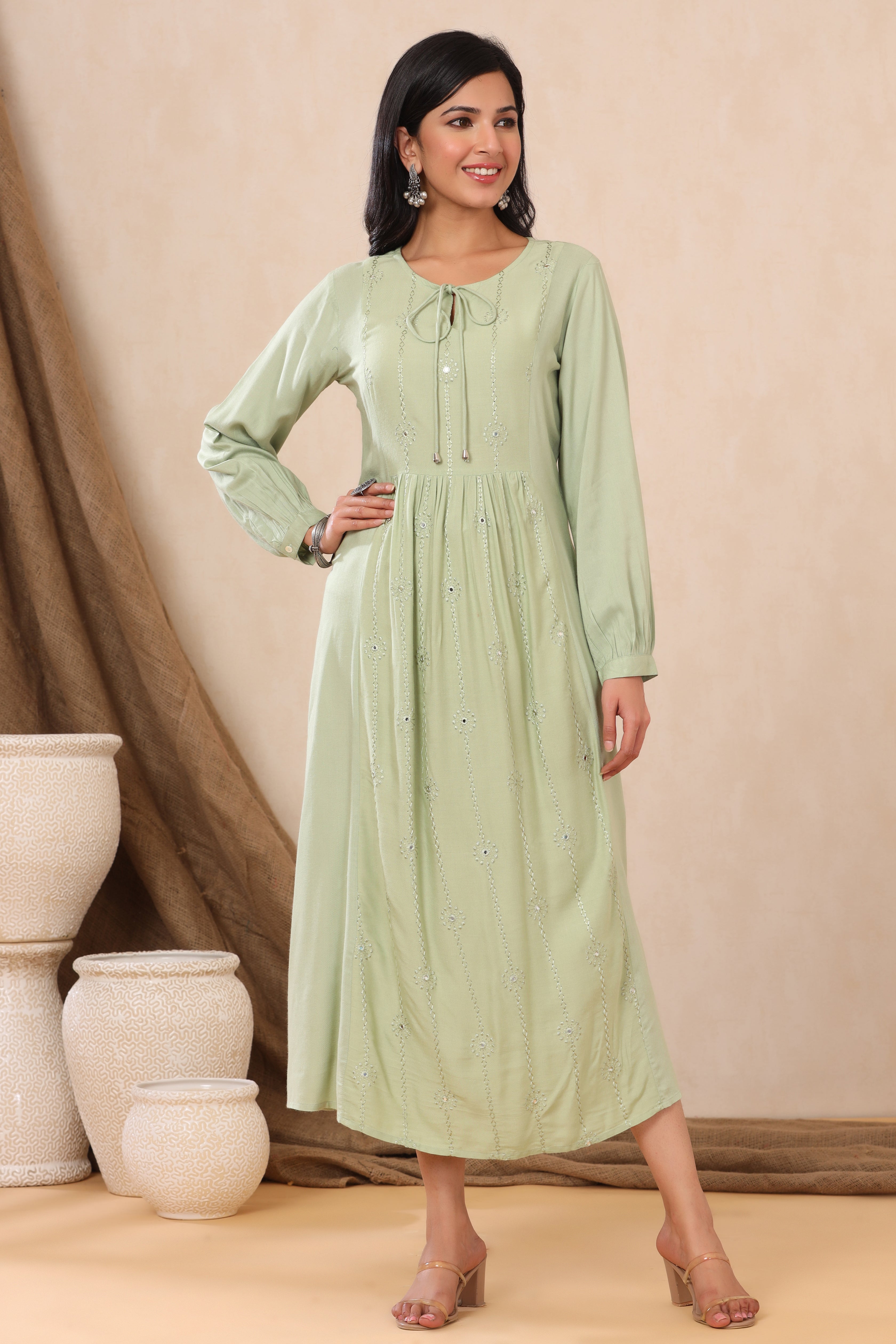 Juniper Light Olive Rayon Embroidered A-Line Dress