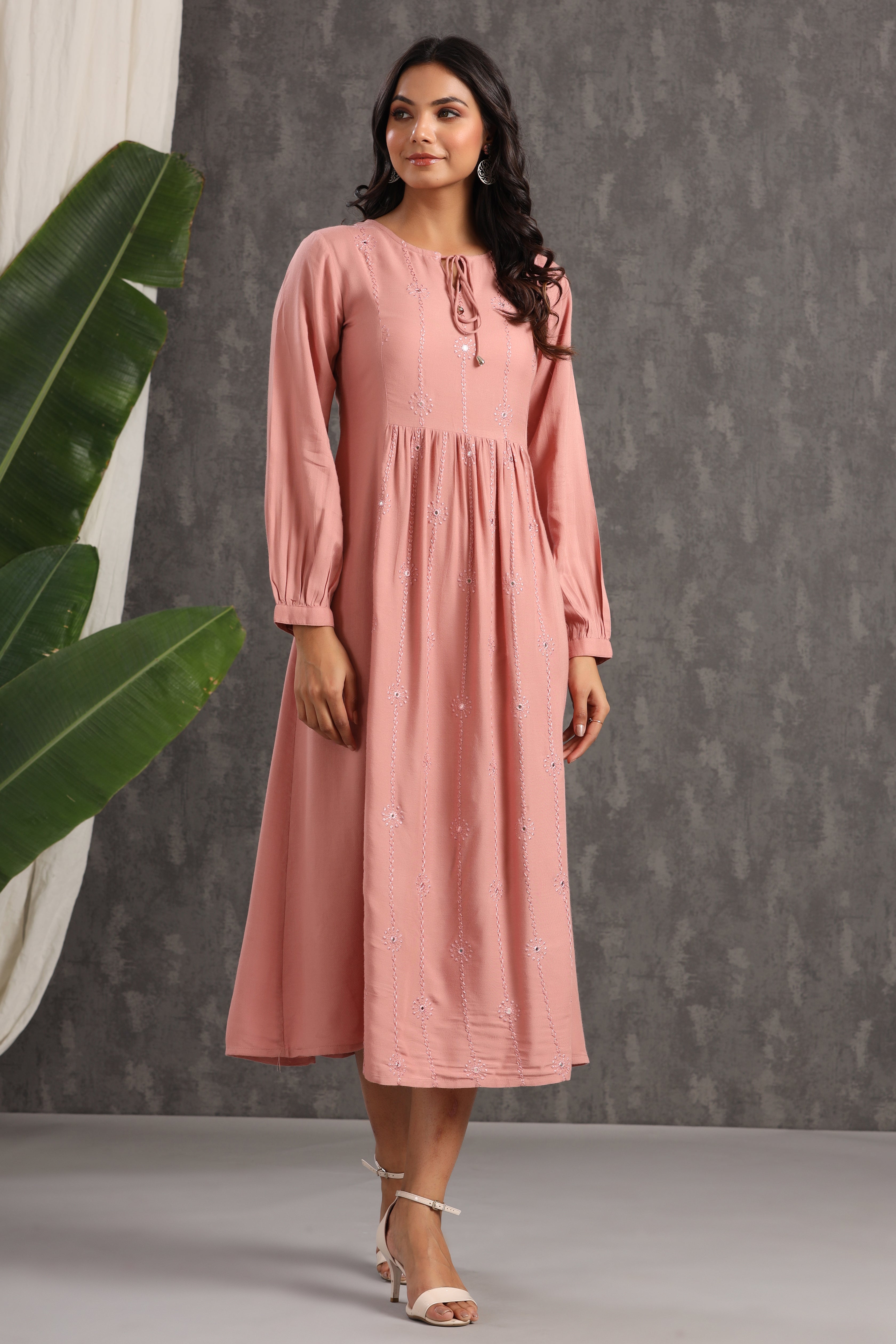 Juniper OnionPink LIVA Embroidered A-Line Dress