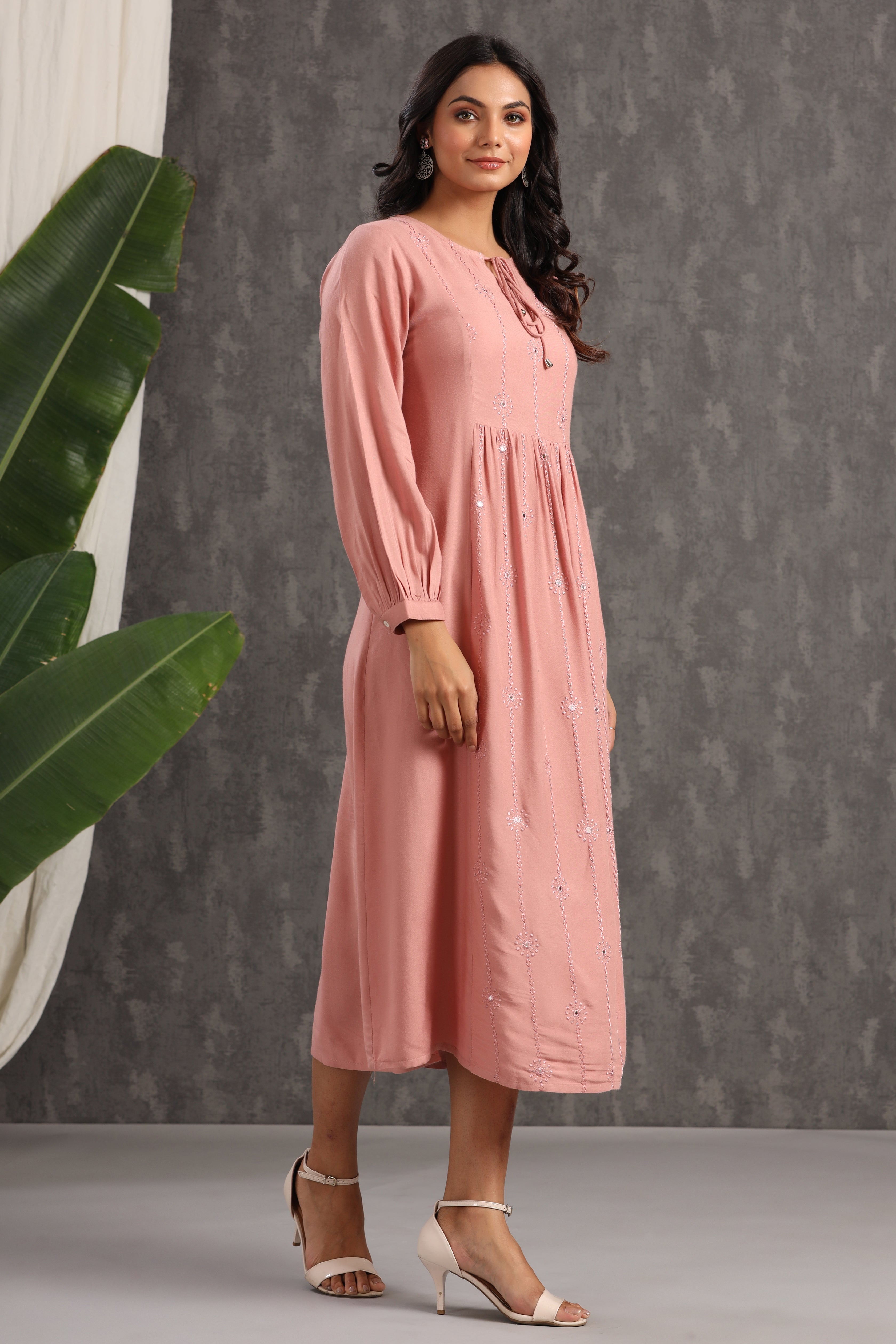 Juniper OnionPink LIVA Embroidered A-Line Dress