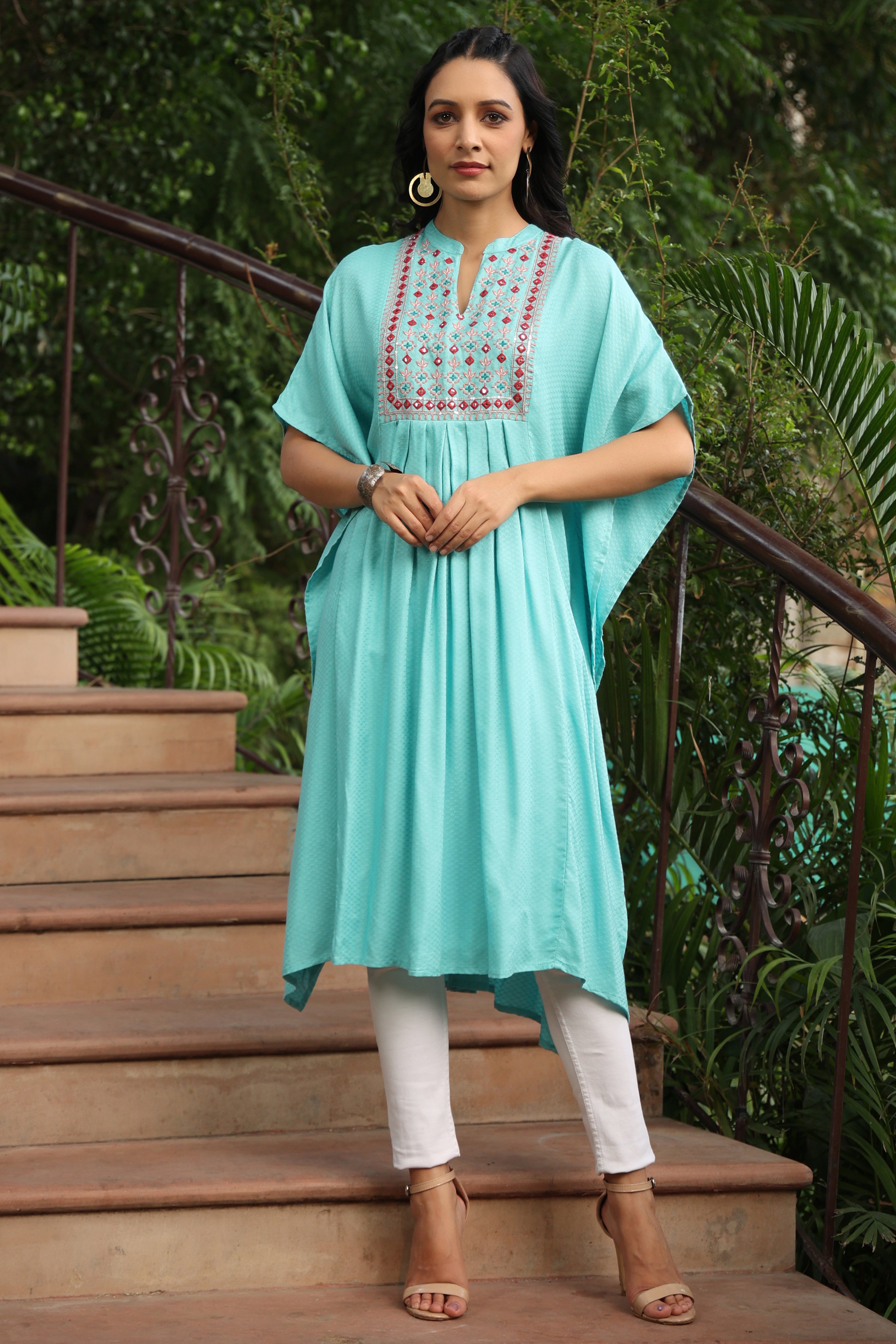 Juniper Skyblue Rayon Embroidered Straight Kaftan