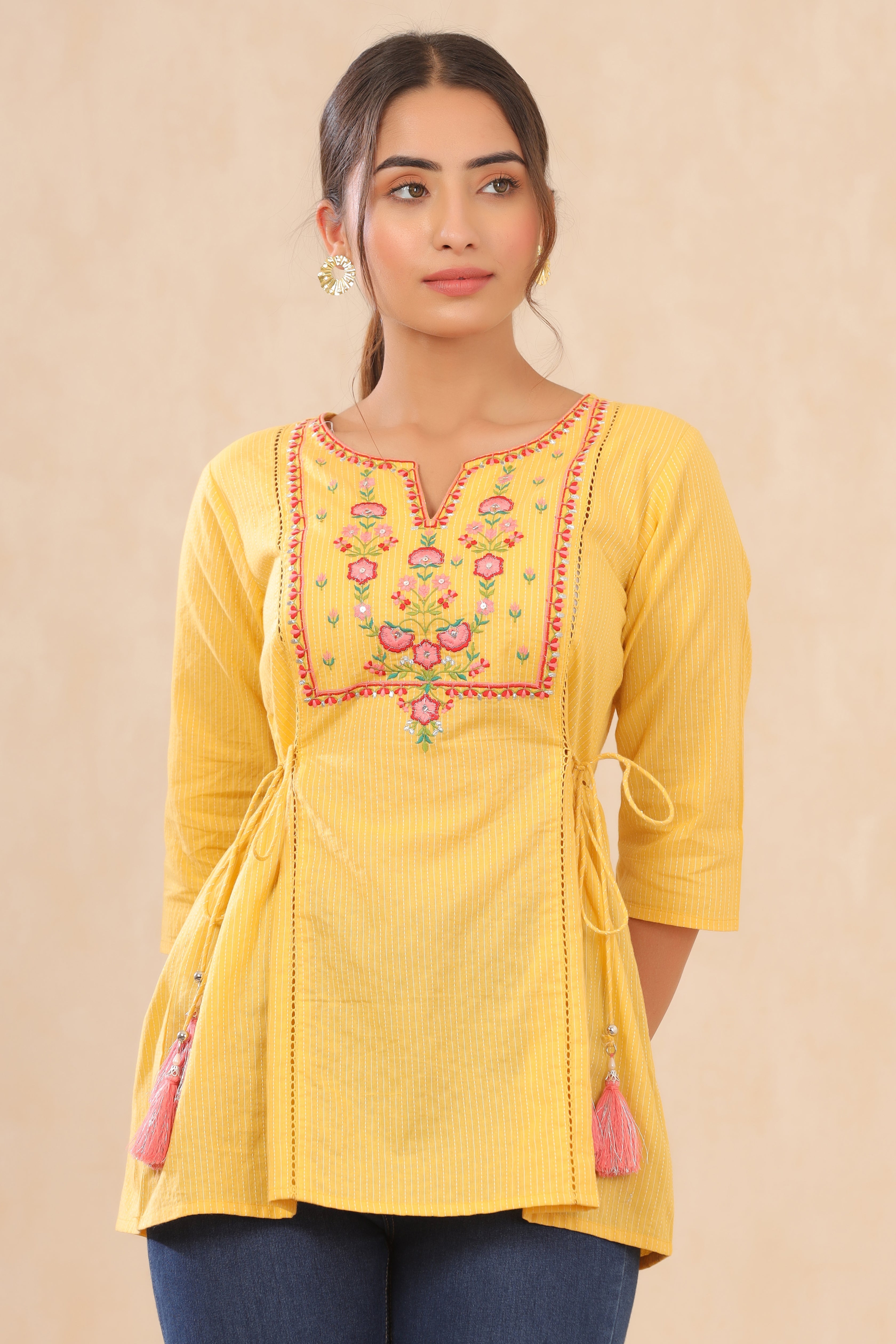 Juniper yellow cotton dobby embroiderd tunic