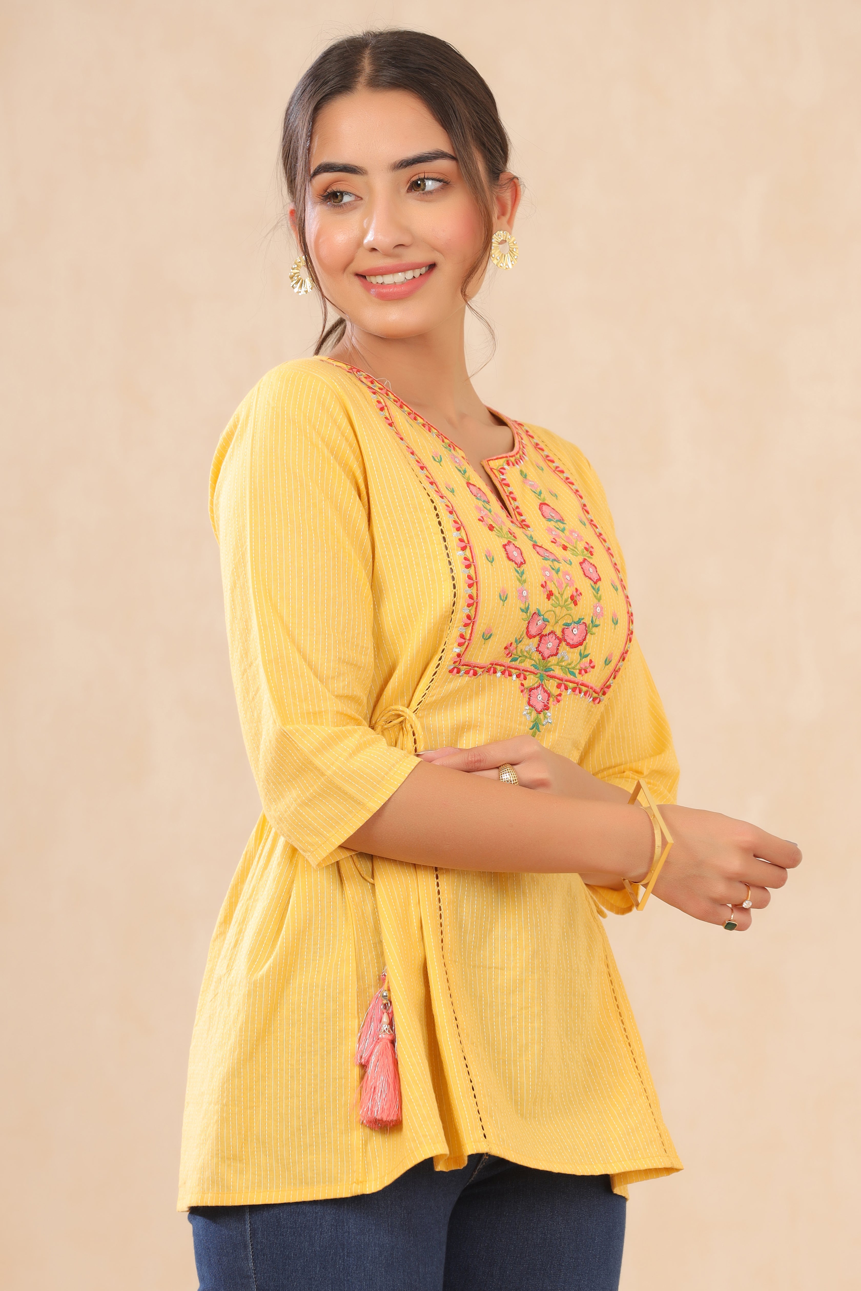 Juniper yellow cotton dobby embroiderd tunic