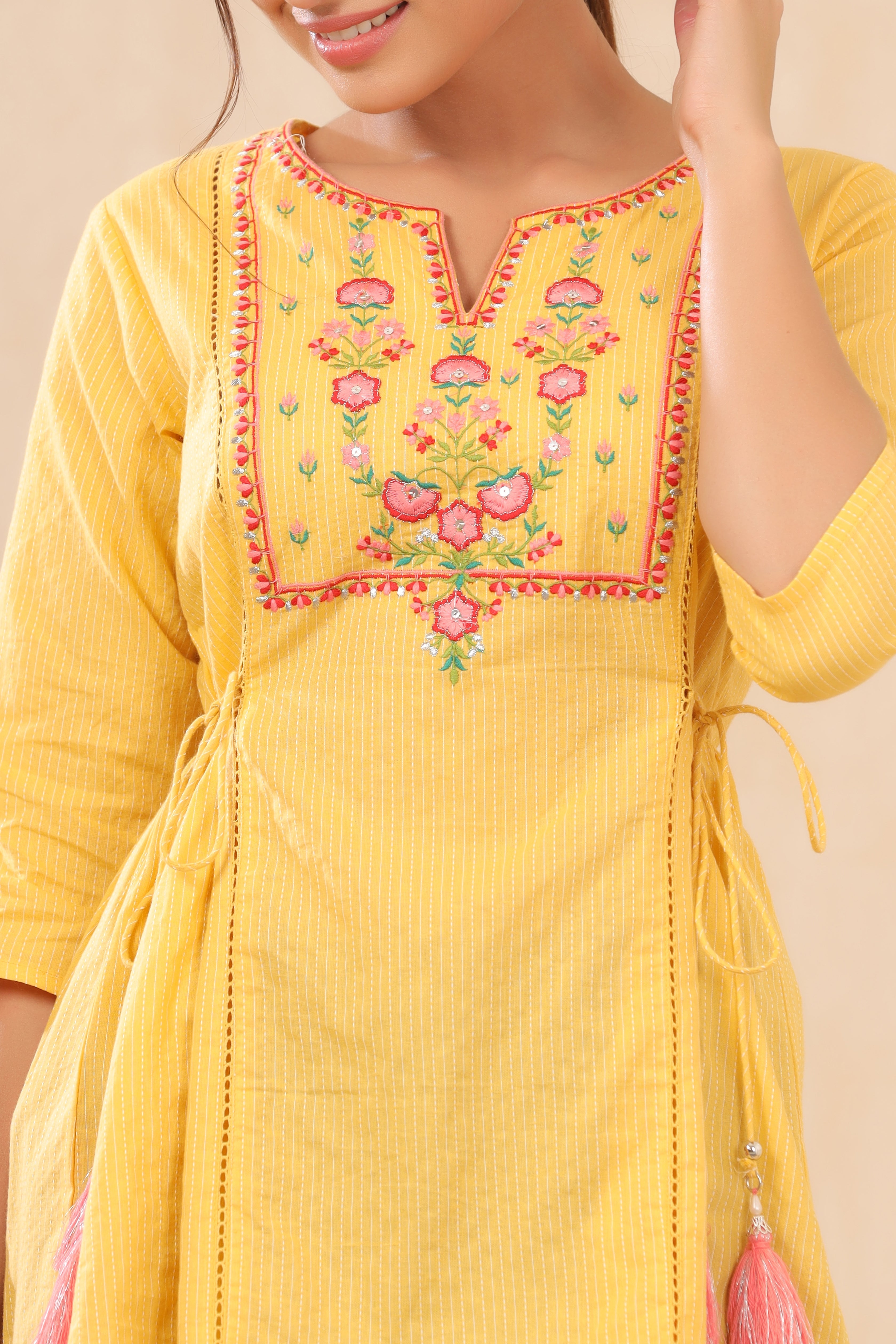 Juniper yellow cotton dobby embroiderd tunic