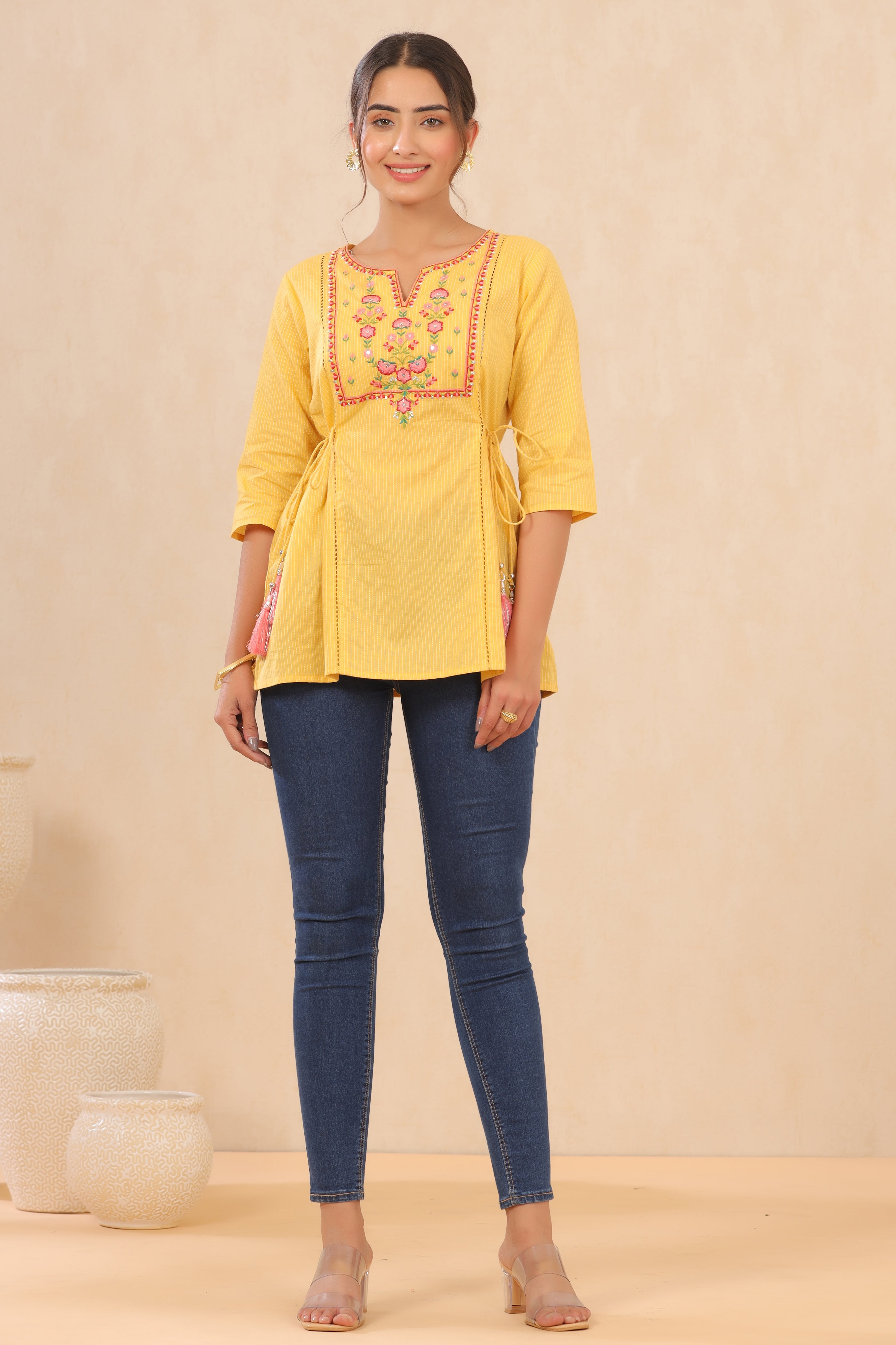 Juniper yellow cotton dobby embroiderd tunic