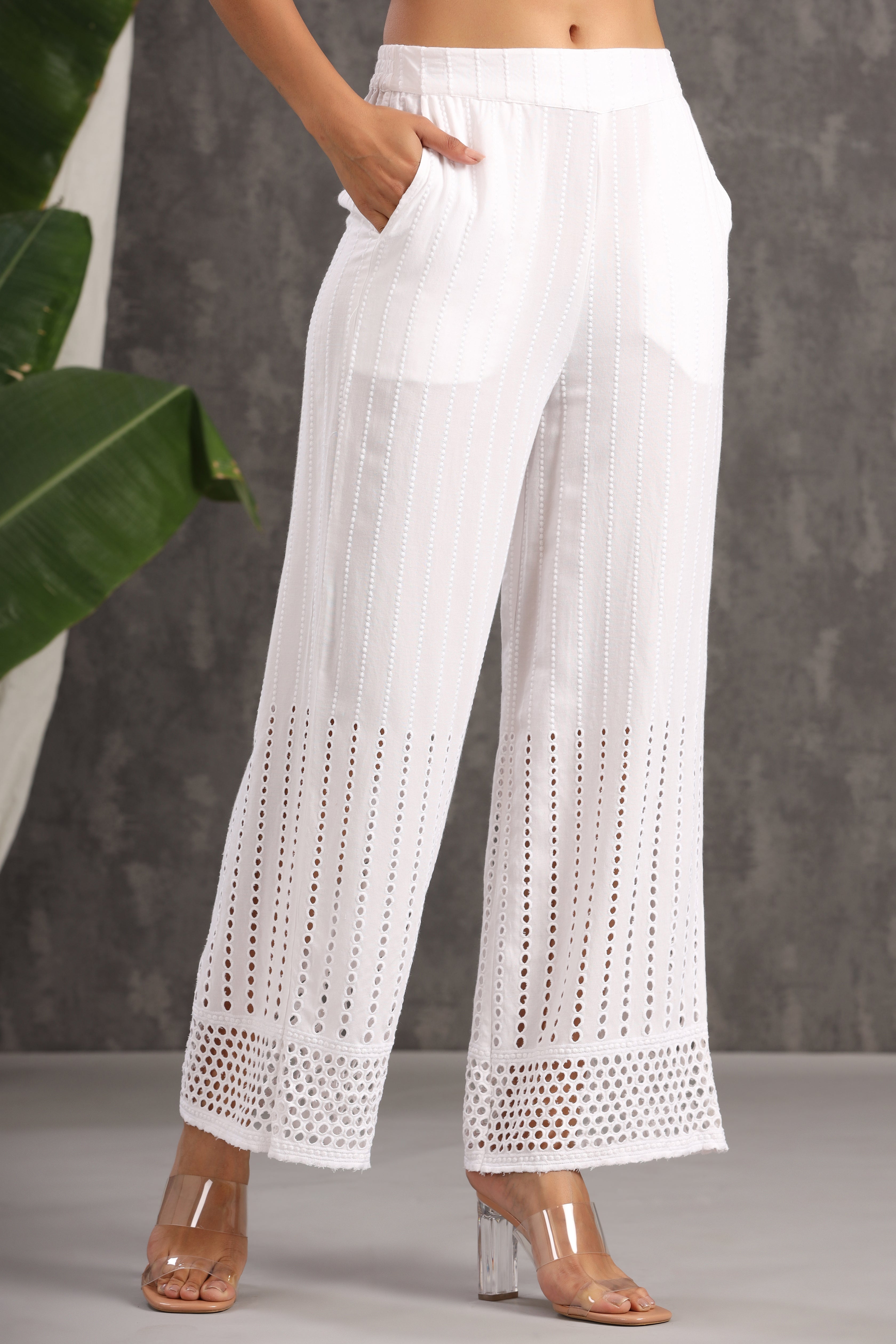 Juniper White Solid Rayon Flared Ankle-Length Palazzo.