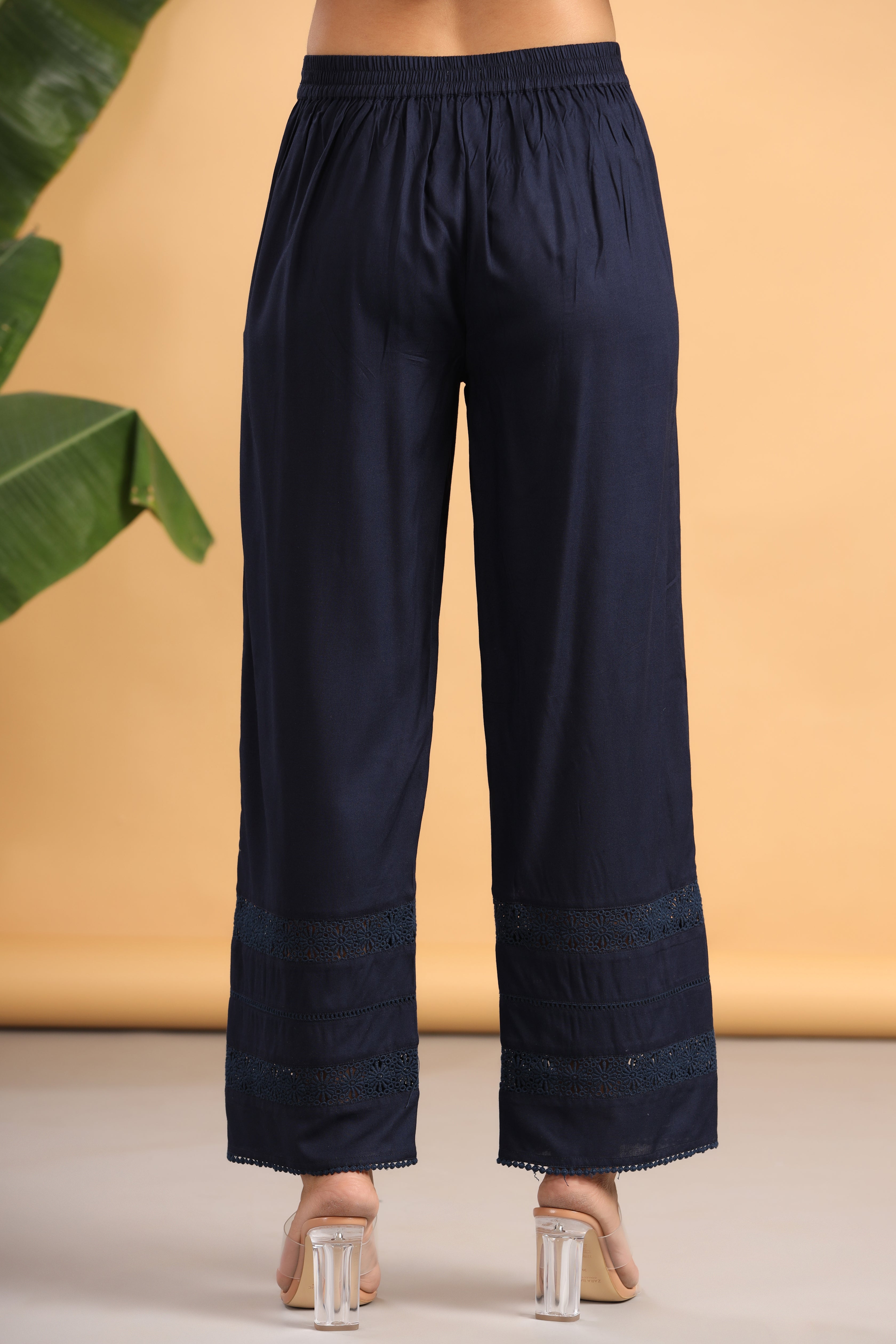 Juniper Navy Blue Solid Rayon Flared Ankle-length Palazzo. - Juniper Fashion
