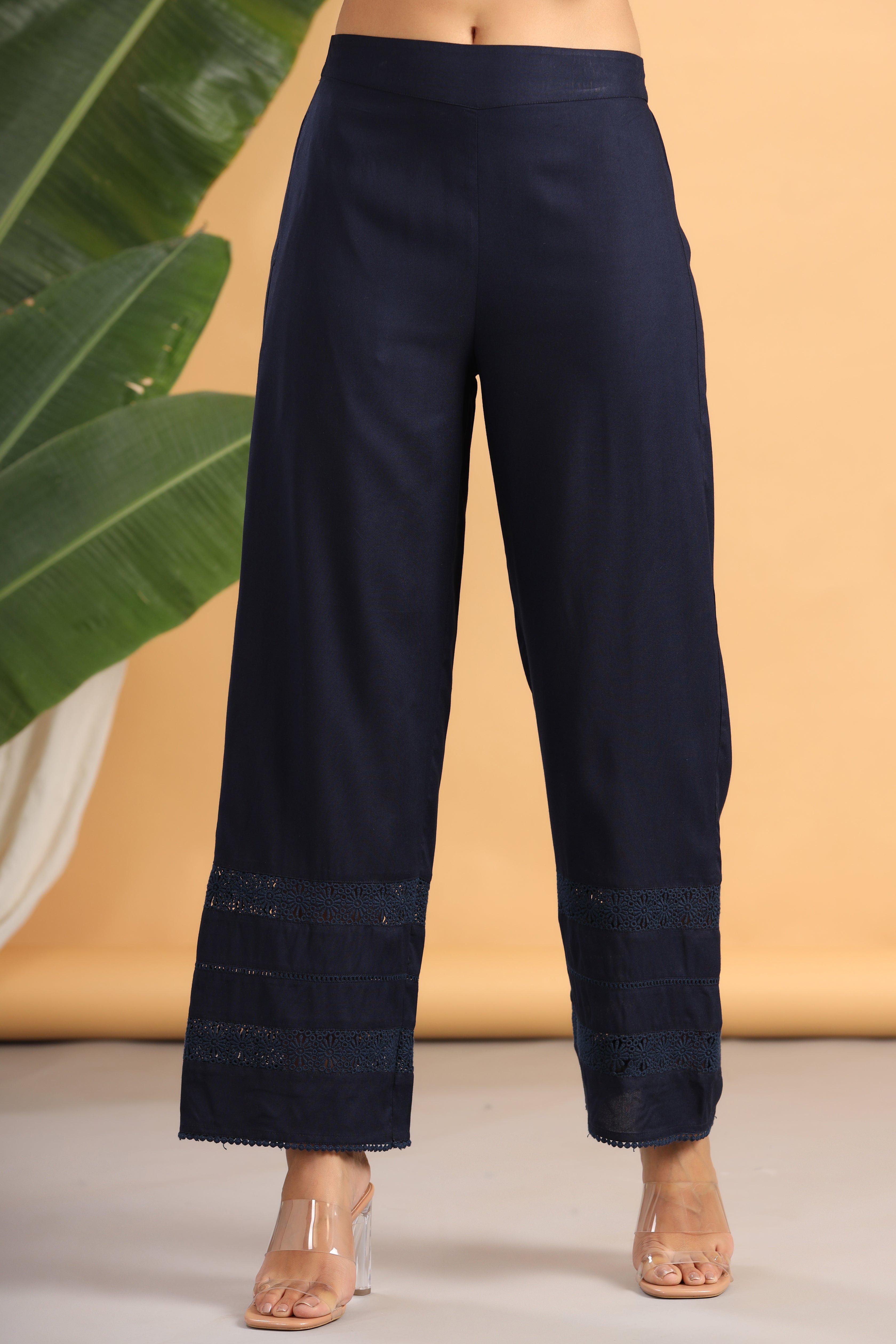 Juniper Navy Blue Solid Rayon Flared Ankle-length Palazzo. - Juniper Fashion