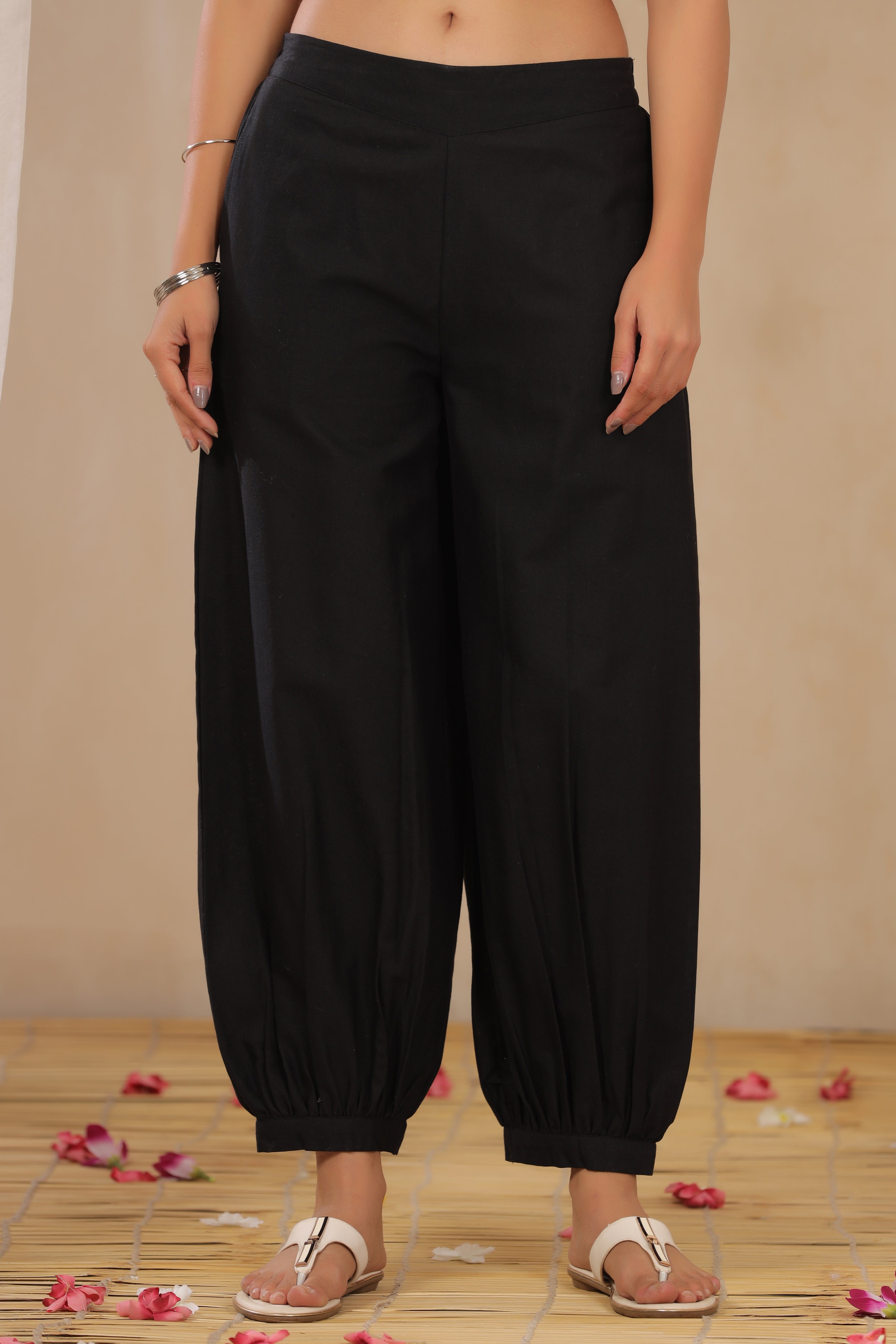 Juniper Black Solid Cotton Flex Ankle-Length Pathani Style Pants.