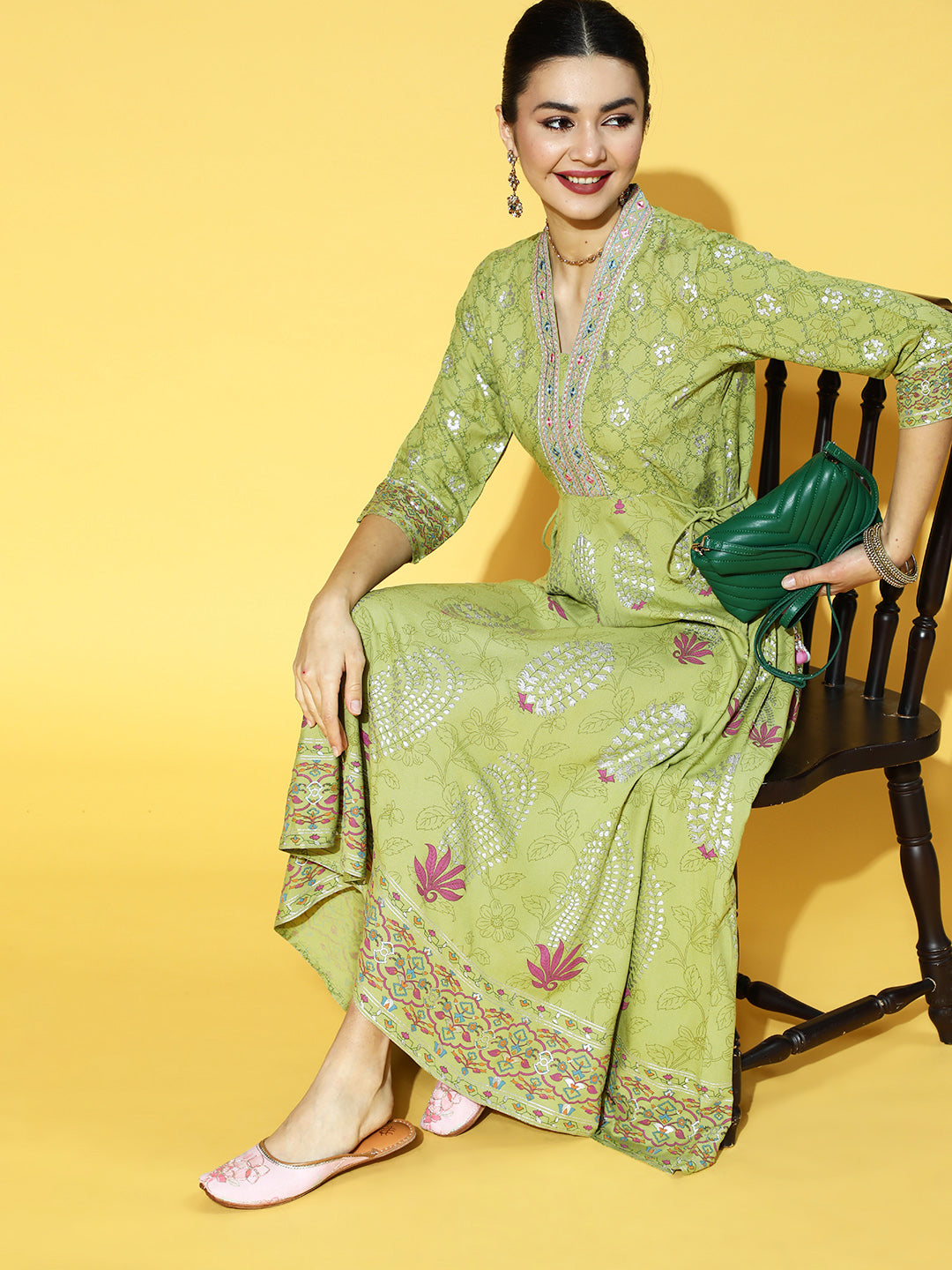 Juniper Green LIVA Printed Flared Dress With Waist Tie-up