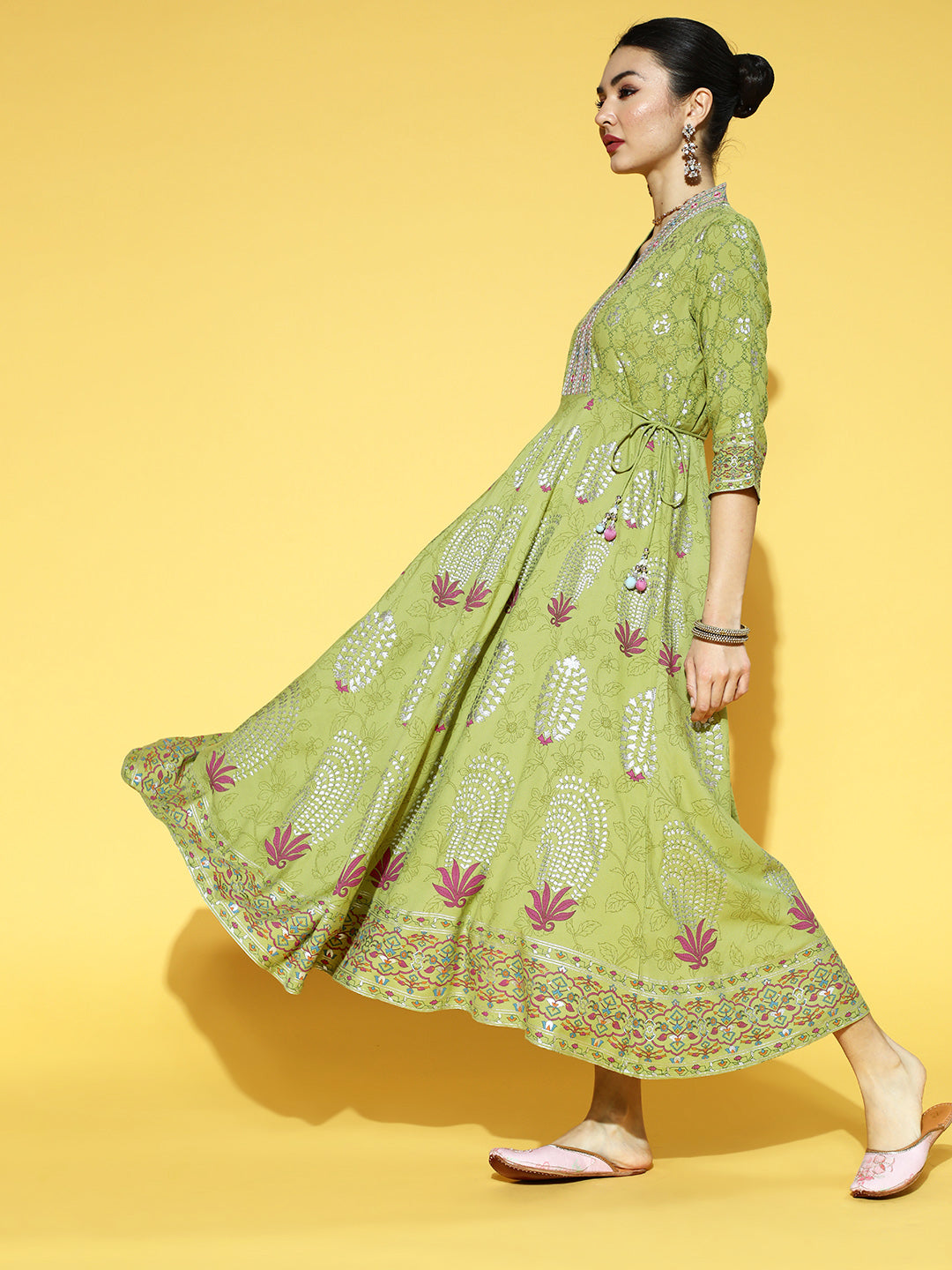 Juniper Green LIVA Printed Flared Dress With Waist Tie-up