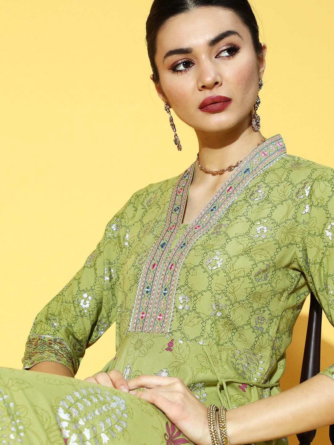 Juniper Green LIVA Printed Flared Dress With Waist Tie-up