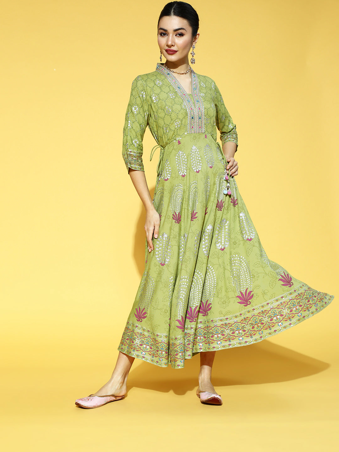 Juniper Green LIVA Printed Flared Dress With Waist Tie-up
