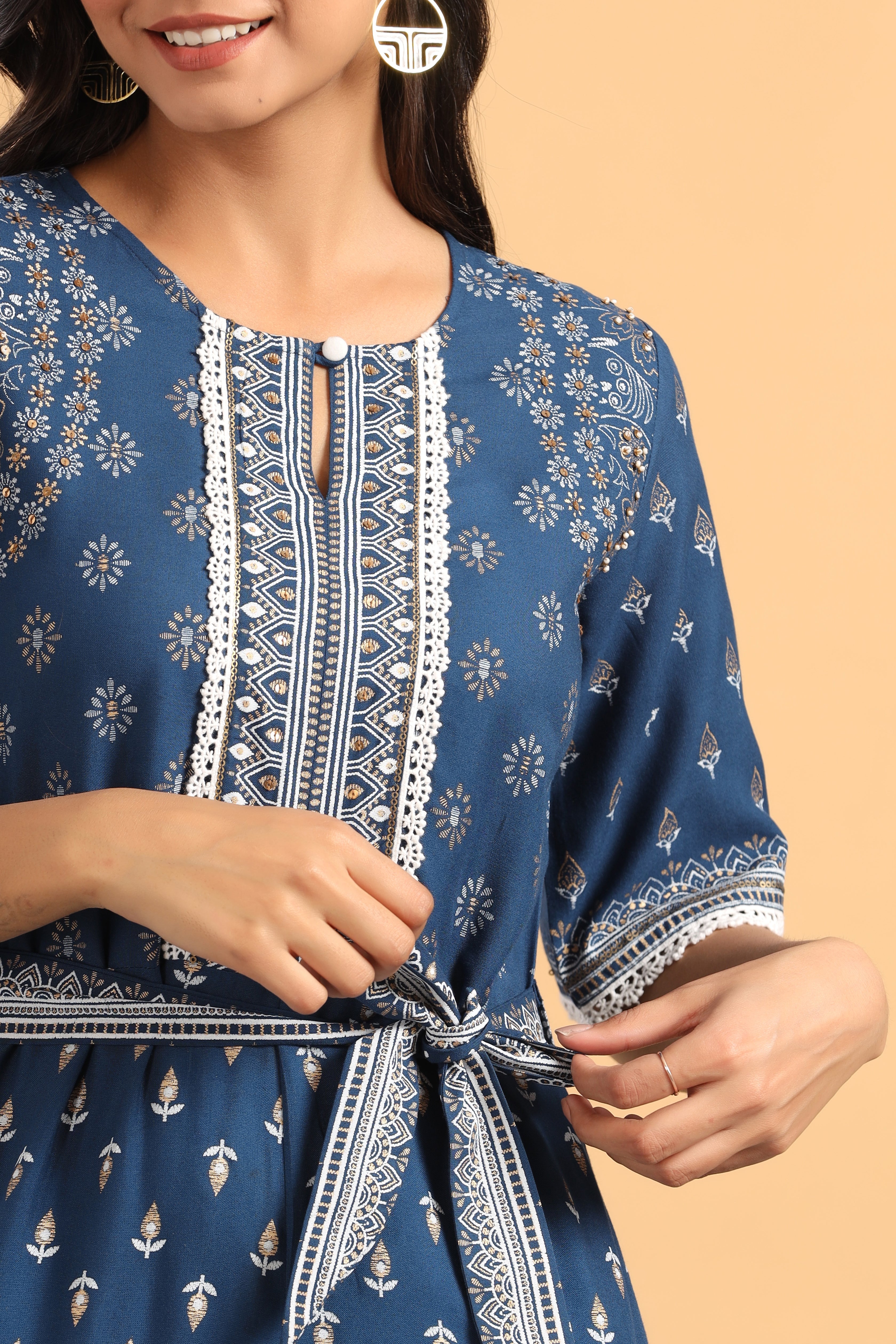 Juniper Indigo LIVA Printed Ethnic Jumpsuit with Belt