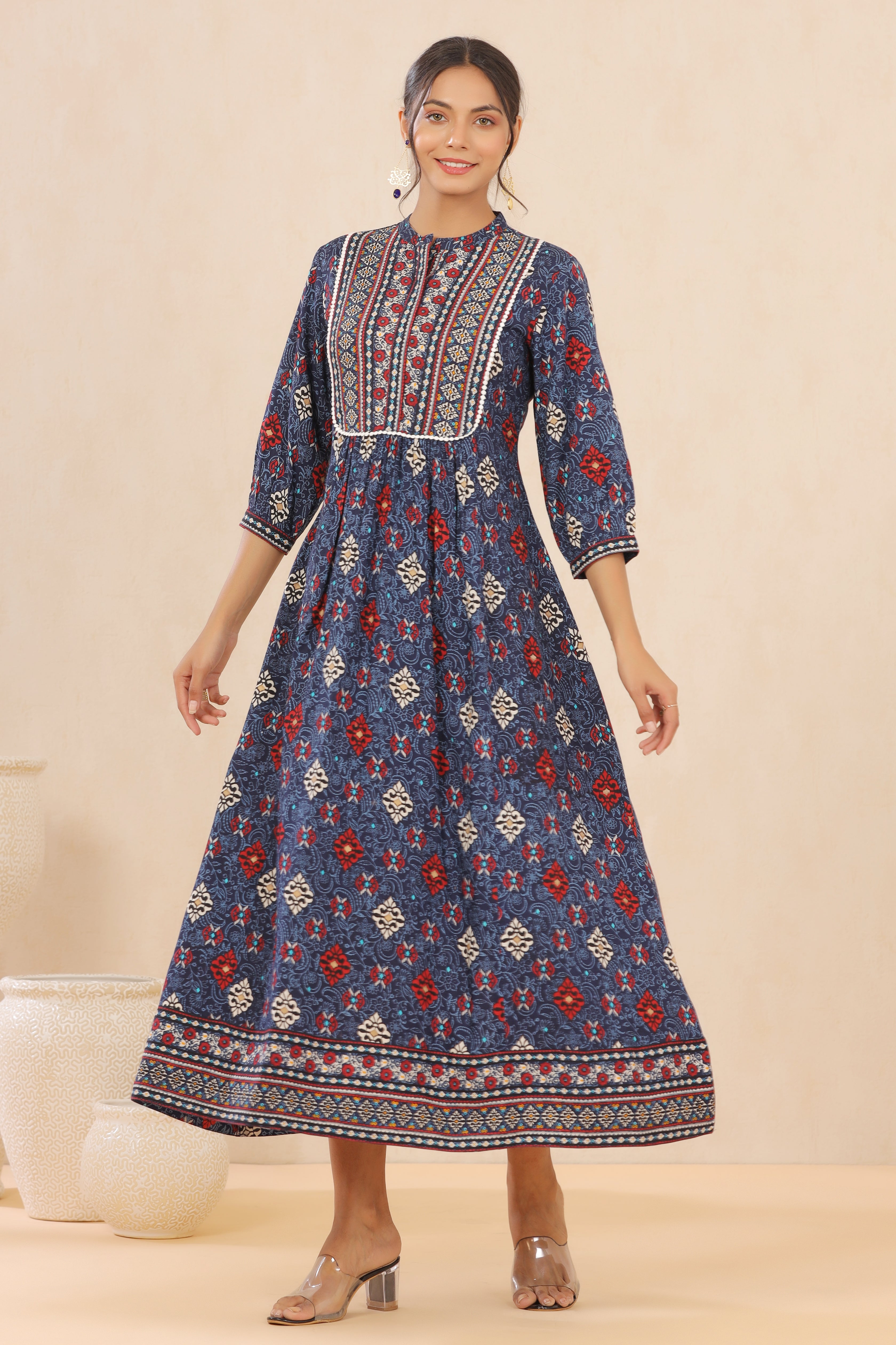 Juniper Women`s Indigo LIVA Printed Flared Dress