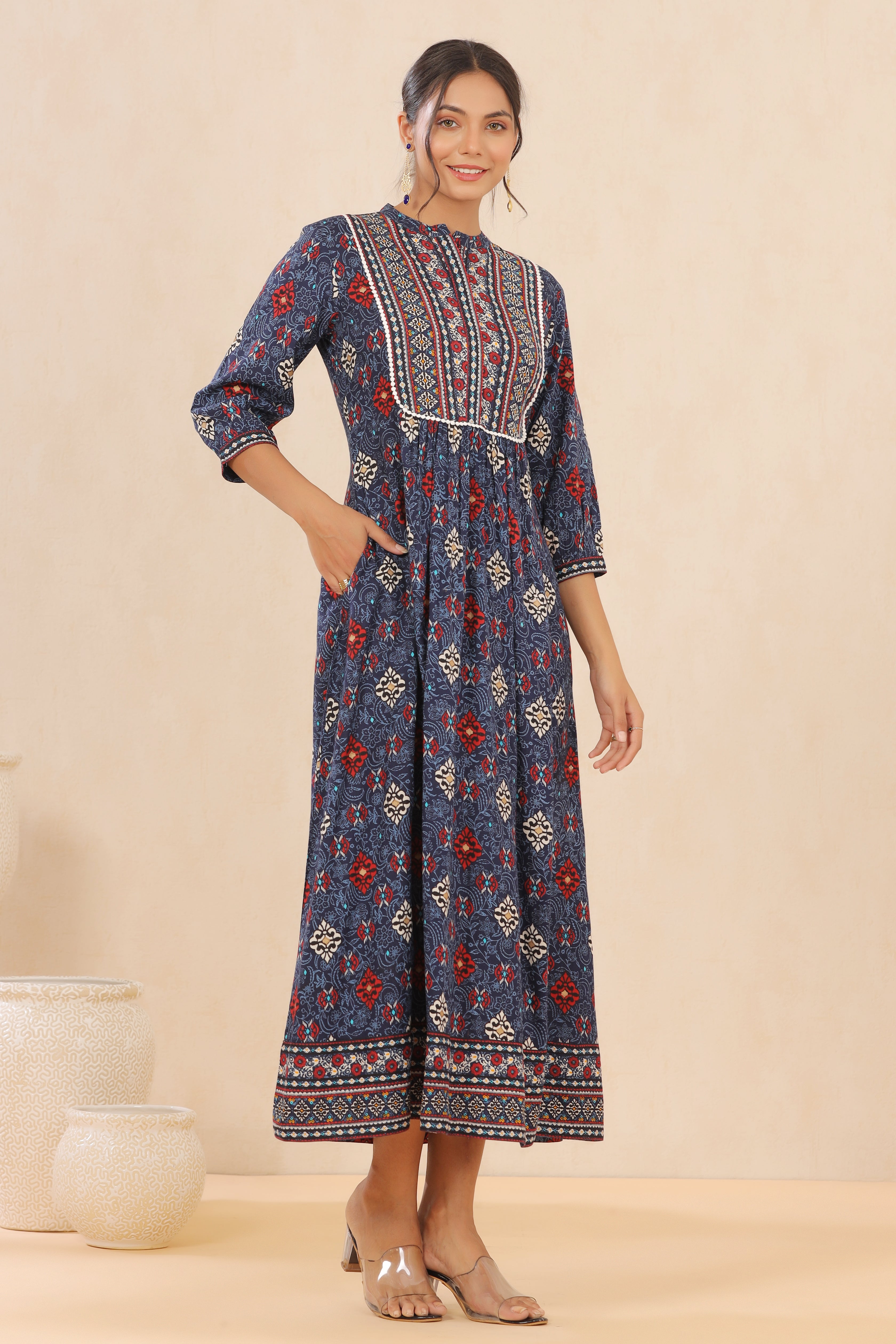 Juniper Women`s Indigo LIVA Printed Flared Dress