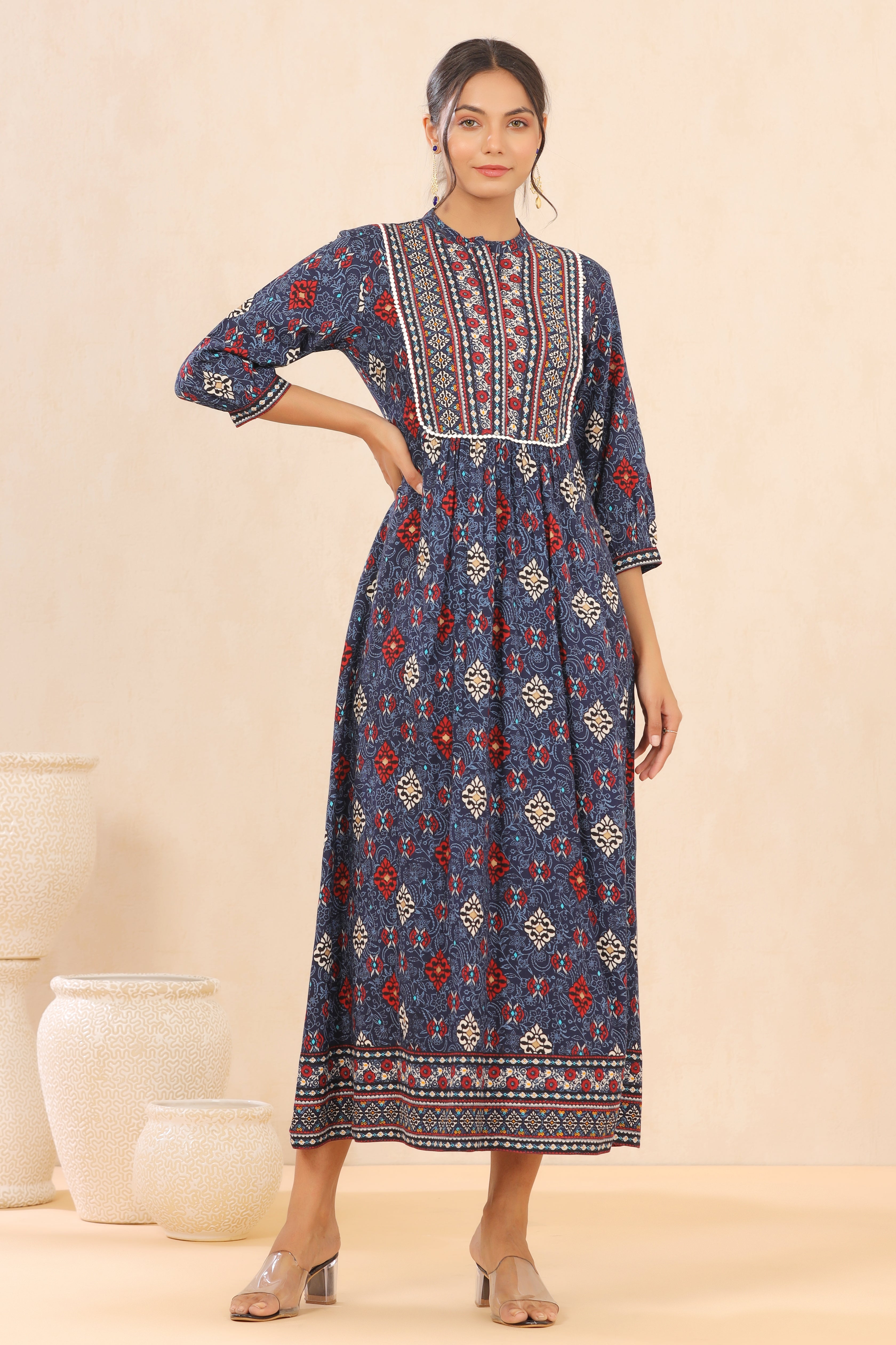 Juniper Women`s Indigo LIVA Printed Flared Dress