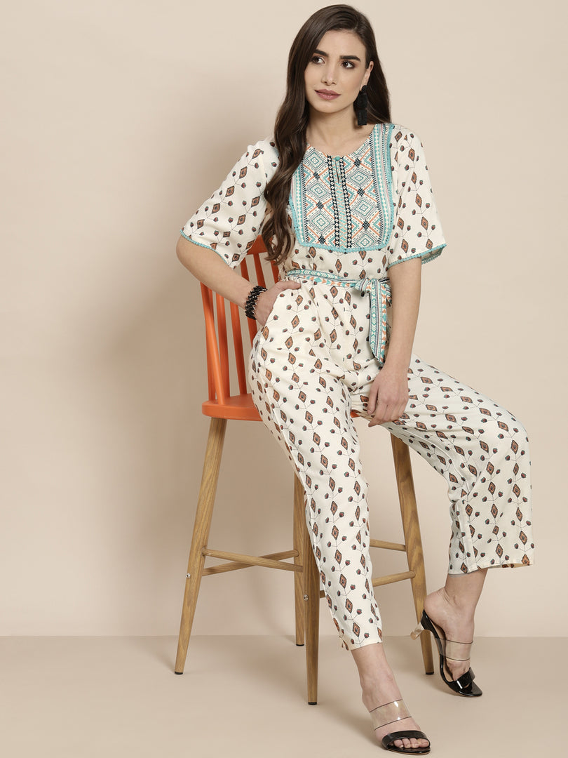 Juniper Ivory Rayon Printed Ethnic Jumpsuit with Belt