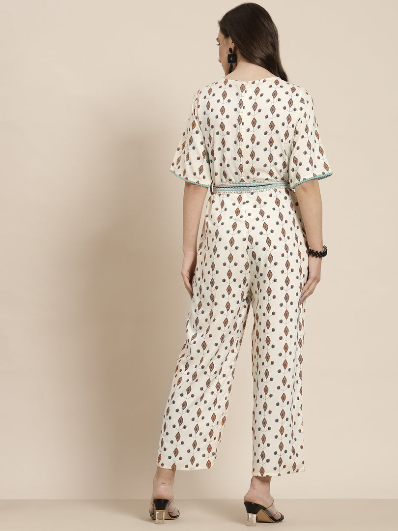 Juniper Ivory LIVA Printed Ethnic Jumpsuit with Belt