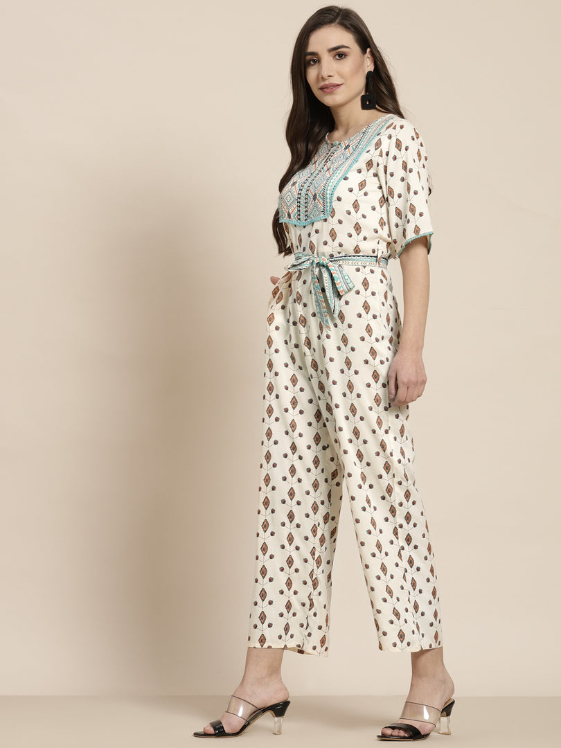 Juniper Ivory LIVA Printed Ethnic Jumpsuit with Belt