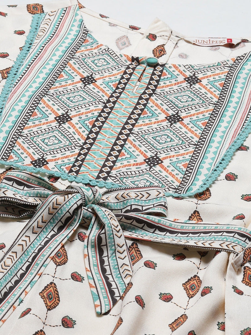 Juniper Ivory LIVA Printed Ethnic Jumpsuit with Belt