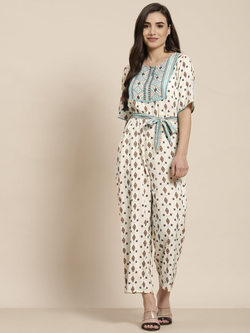 Juniper Ivory Rayon Printed Ethnic Jumpsuit with Belt