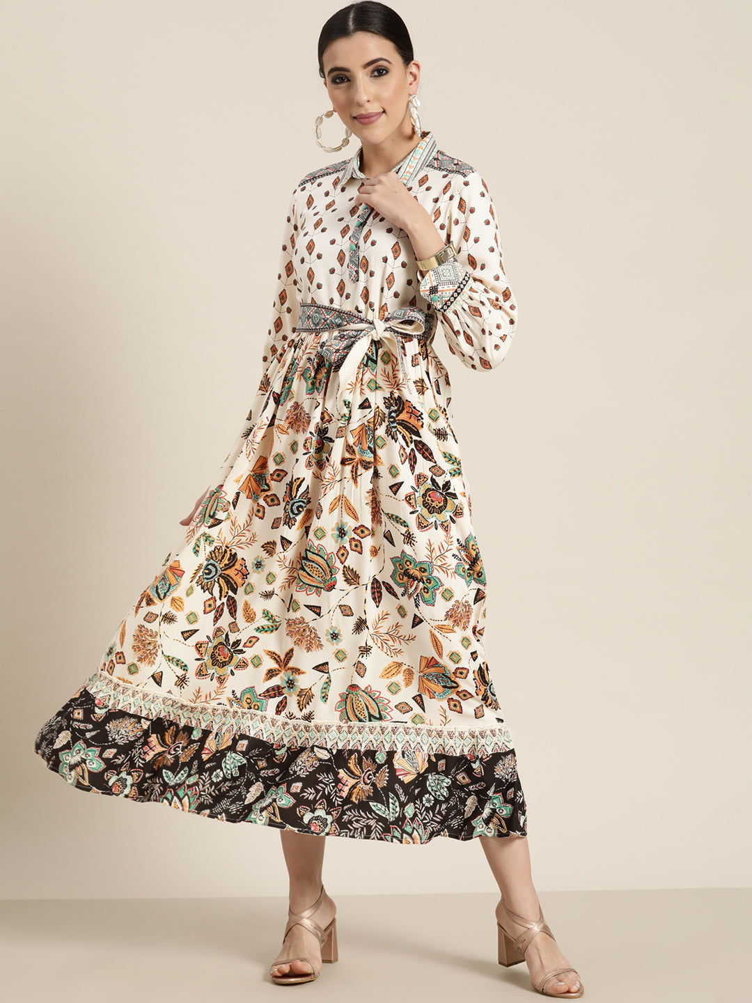 Juniper Ivory LIVA Printed Tiered Dress with Belt