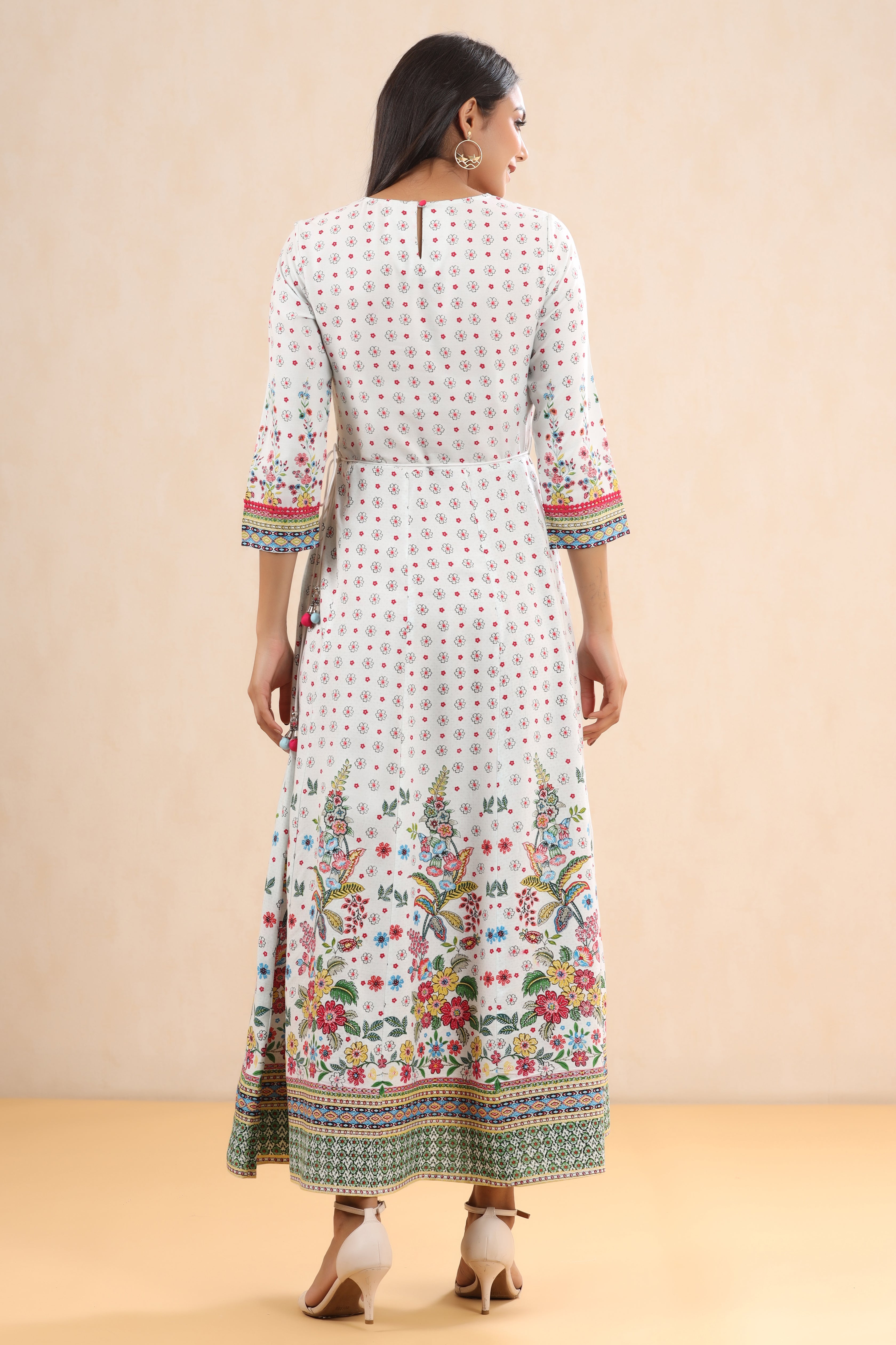 Juniper White LIVA Printed Anarkali Dress with Tie-up Dori