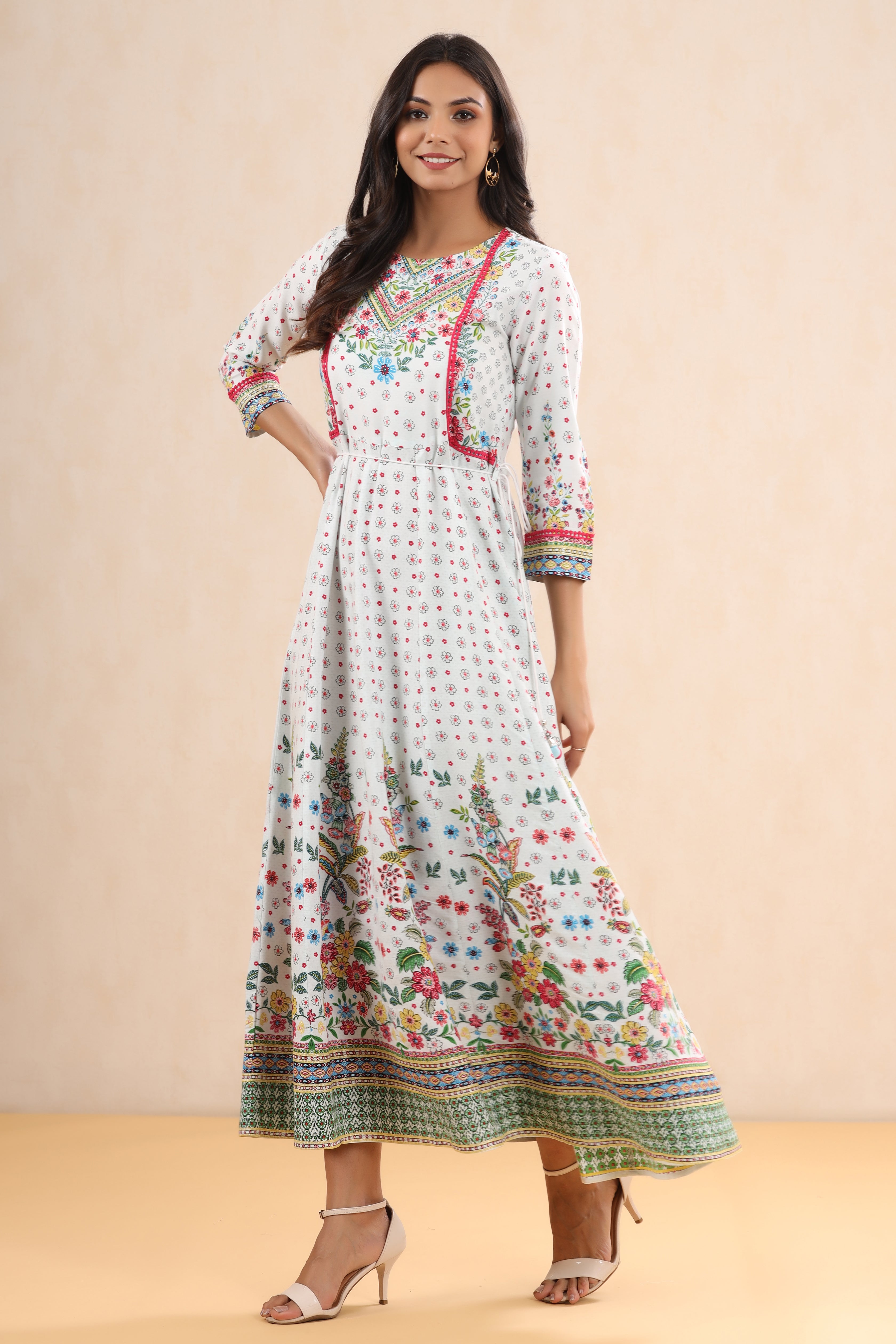 Juniper White LIVA Printed Anarkali Dress with Tie-up Dori
