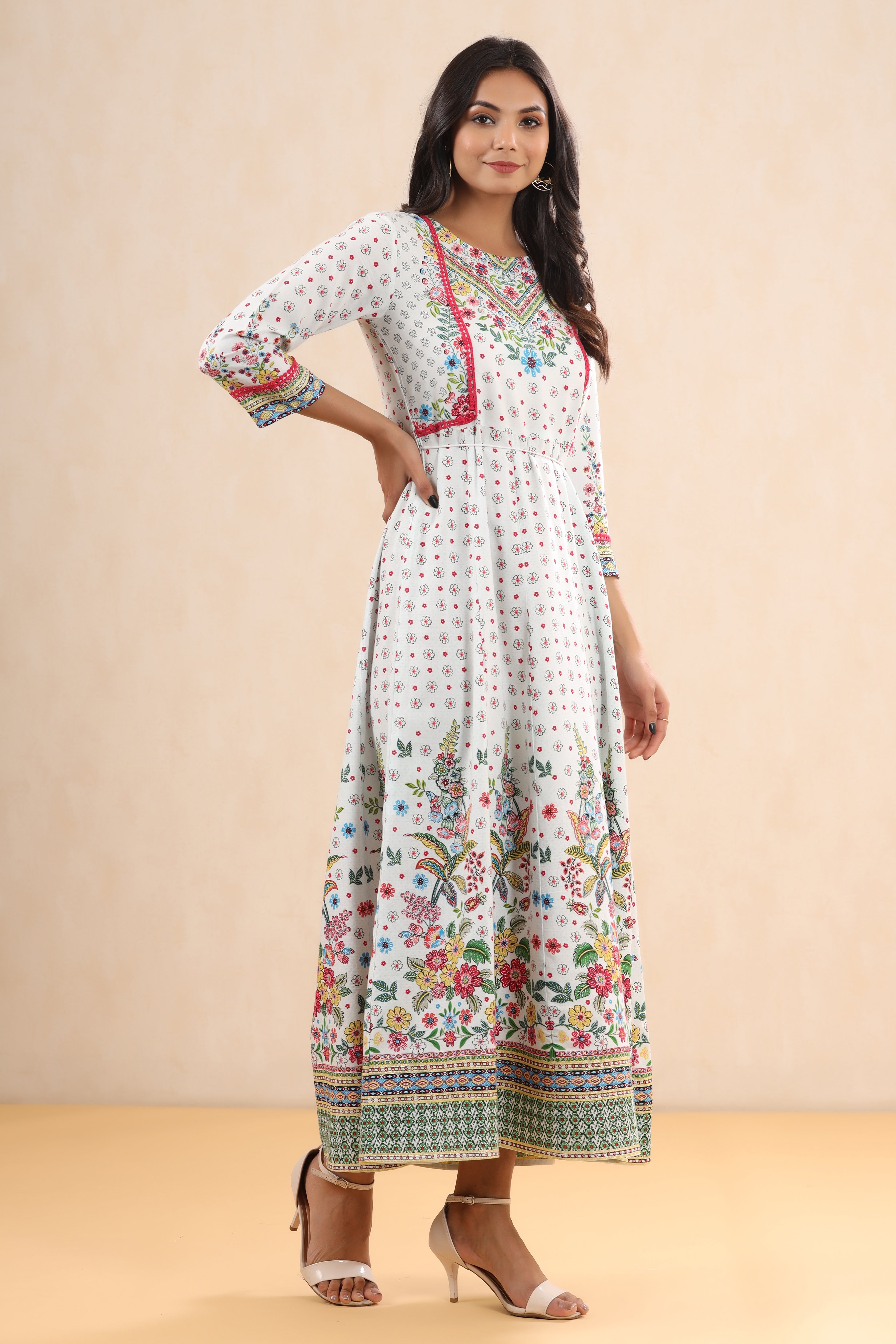 Juniper White LIVA Printed Anarkali Dress with Tie-up Dori