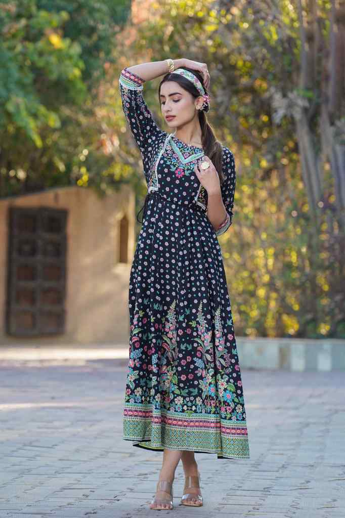 Juniper Black Rayon Printed Anarkali Dress with Tie-up Dori