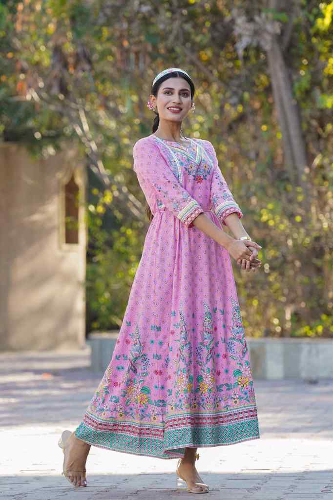 Juniper Pink LIVA Printed Anarkali Dress with Tie-up Dori