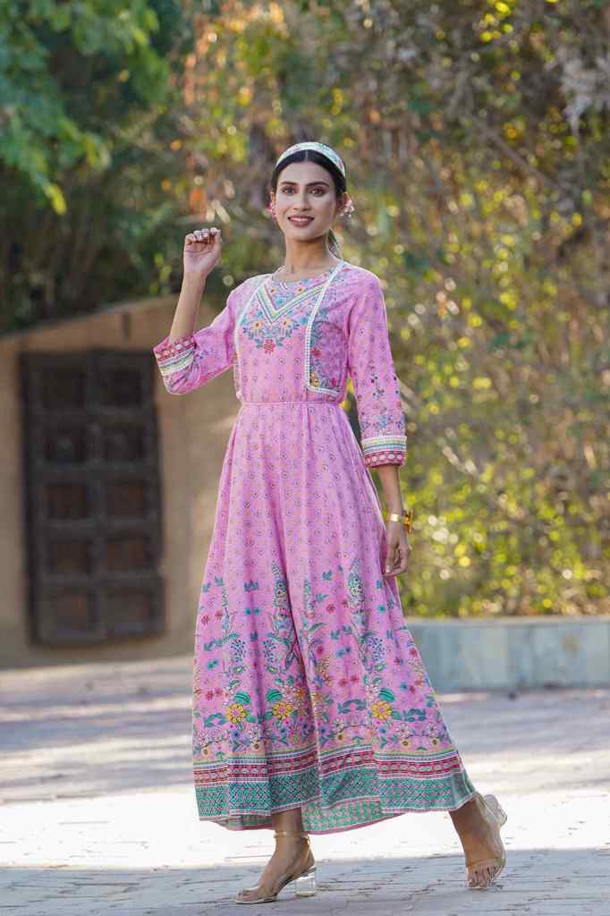Juniper Pink LIVA Printed Anarkali Dress with Tie-up Dori