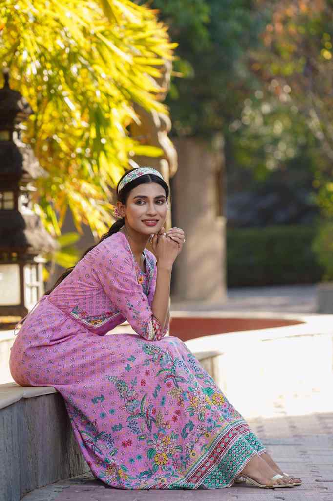 Juniper Pink LIVA Printed Anarkali Dress with Tie-up Dori