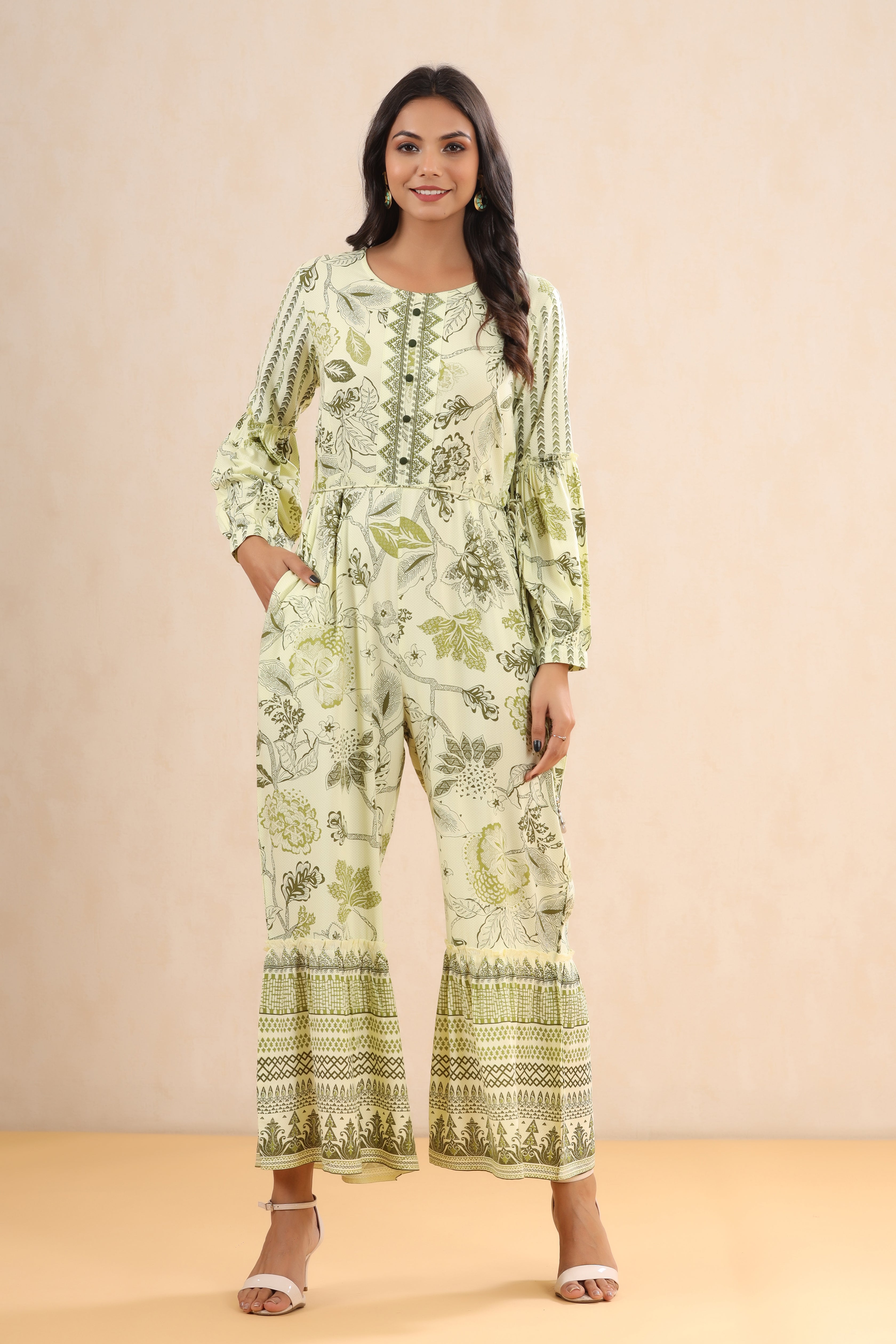 Juniper Light Olive Rayon Printed Ethnic Jumpsuit with Belt