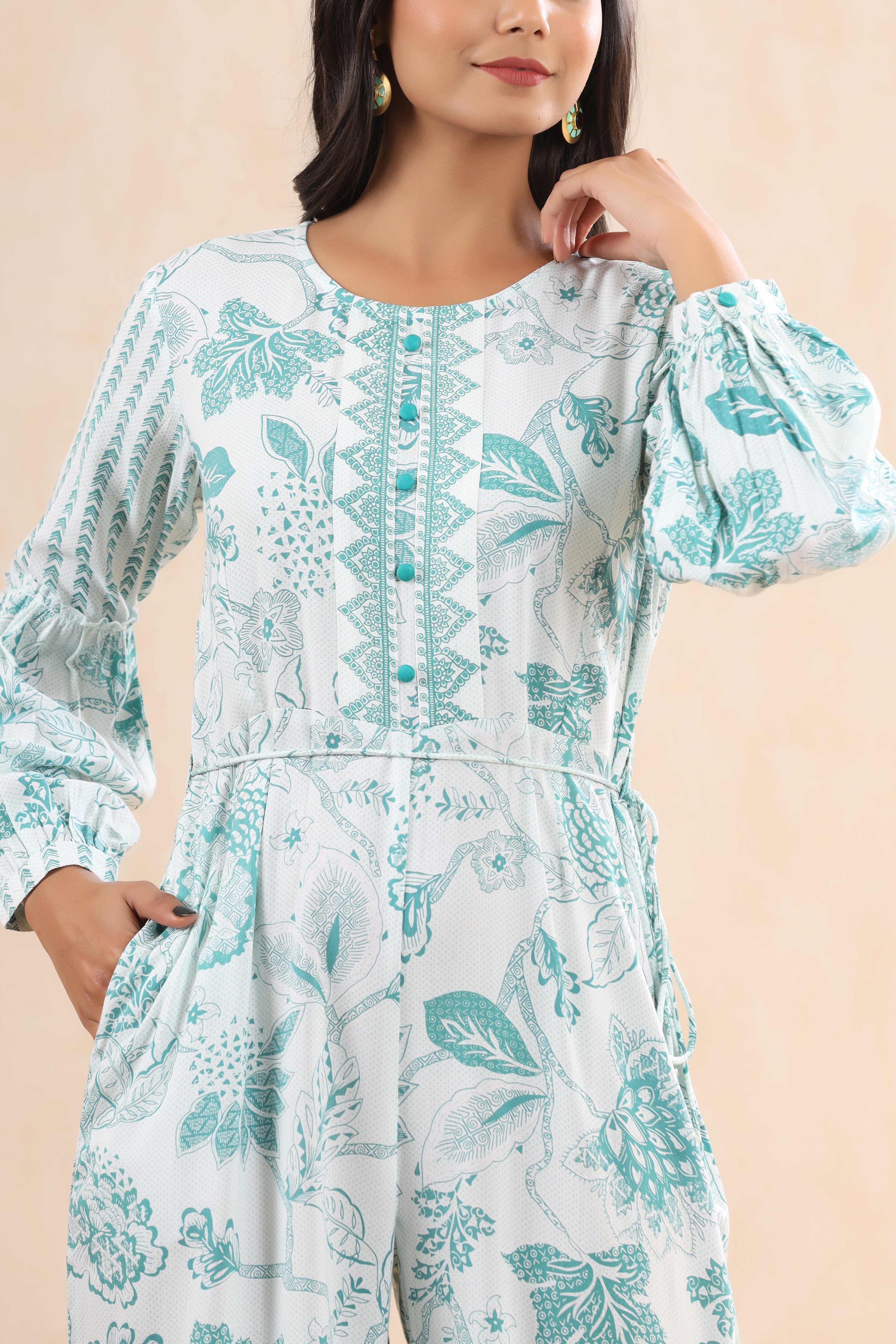 Juniper Teal Rayon Printed Ethnic Jumpsuit with Belt