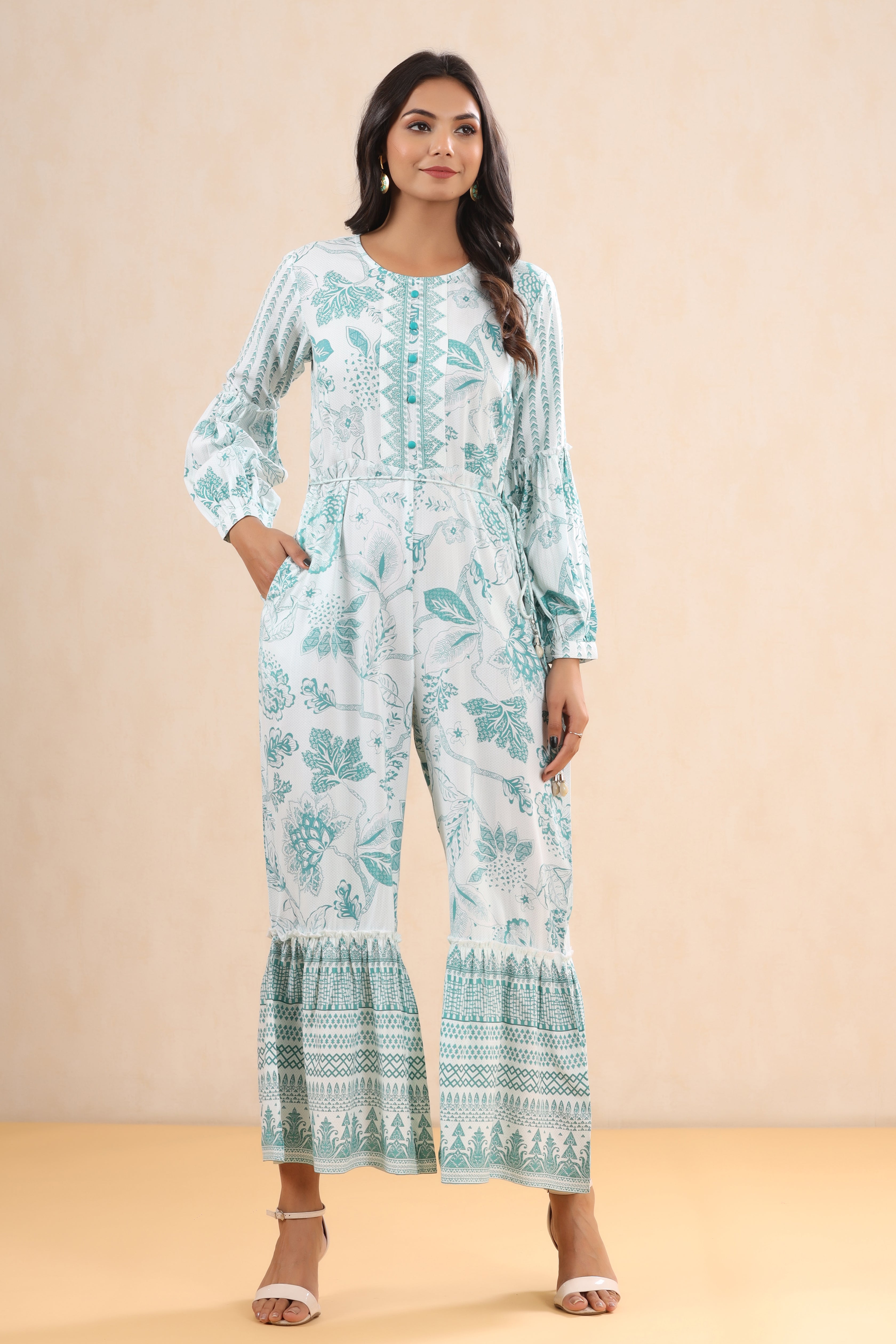 Juniper Teal Rayon Printed Ethnic Jumpsuit with Belt