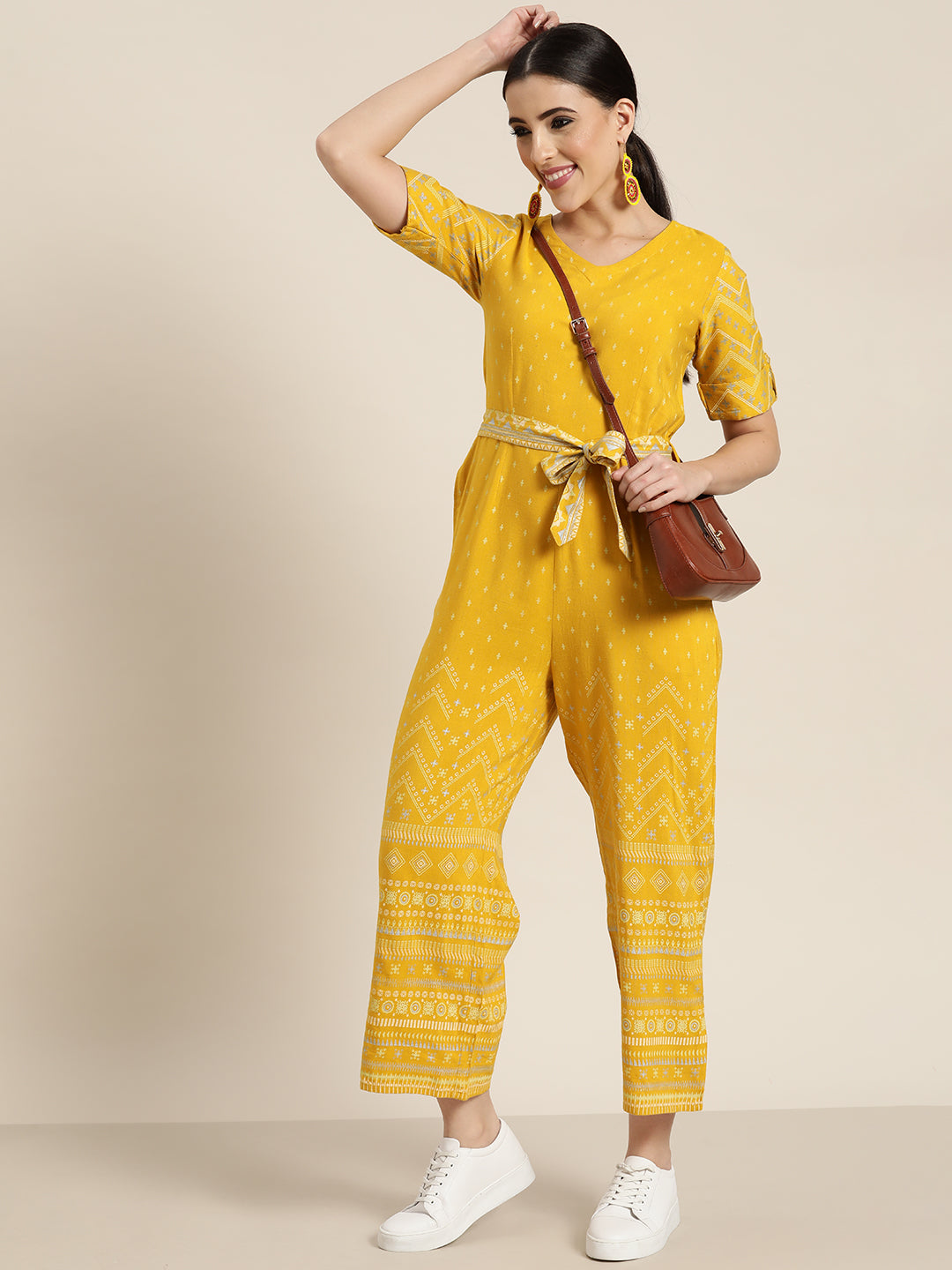 Juniper Mustard Rayon Printed Ethnic Jumpsuit with Belt