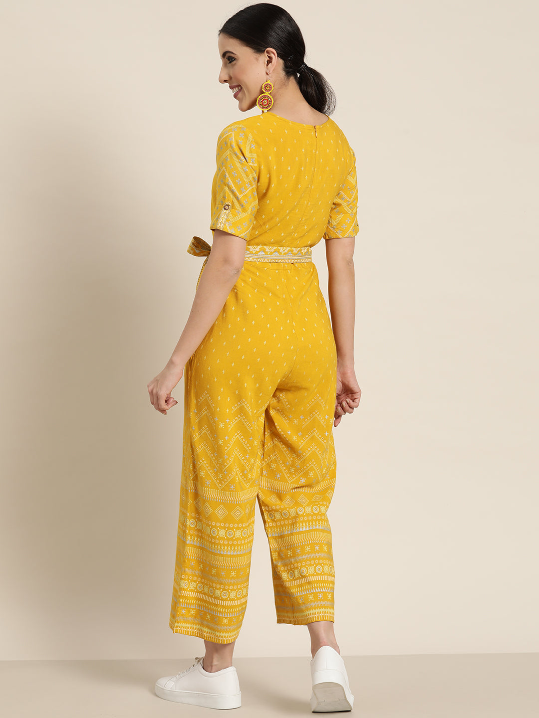 Juniper Mustard LIVA Printed Ethnic Jumpsuit with Belt