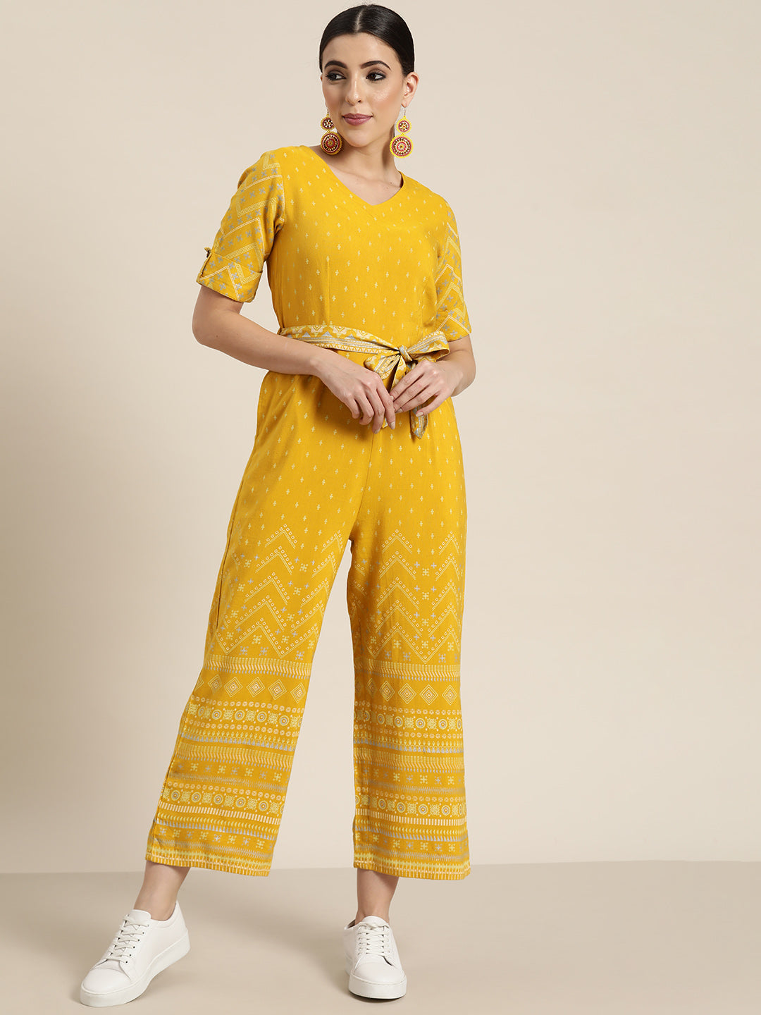 Juniper Mustard Rayon Printed Ethnic Jumpsuit with Belt