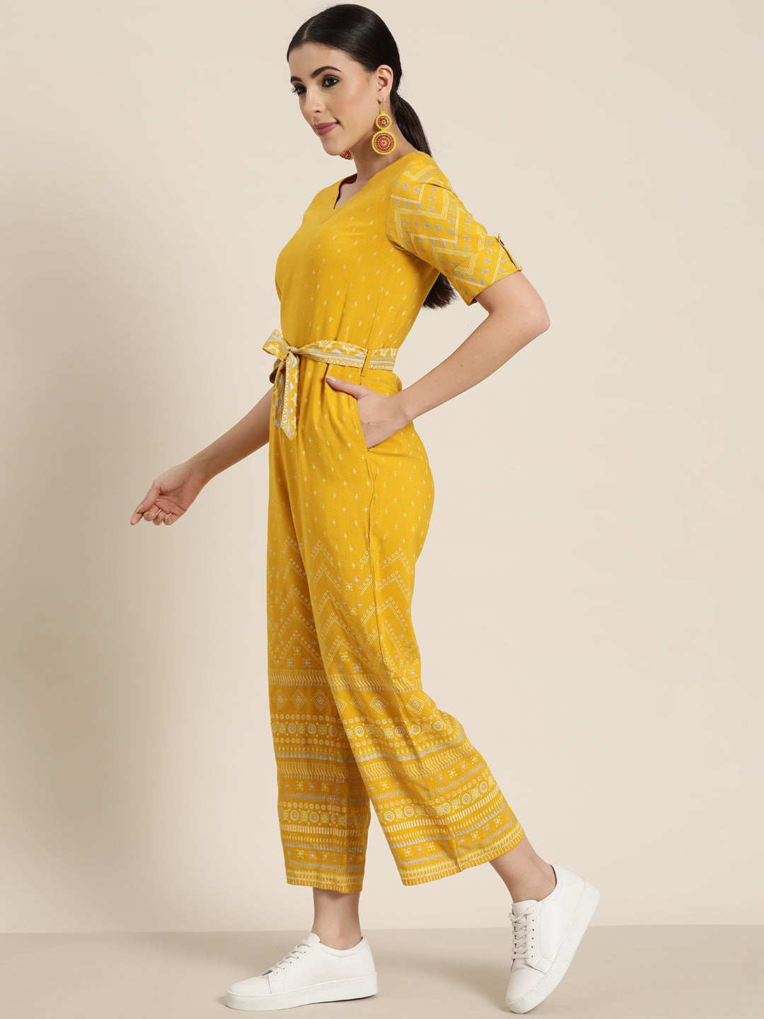 Juniper Mustard LIVA Printed Ethnic Jumpsuit with Belt