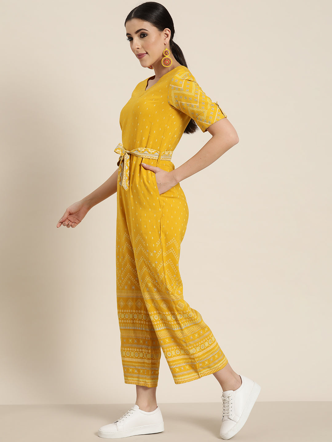 Juniper Mustard Rayon Printed Ethnic Jumpsuit with Belt