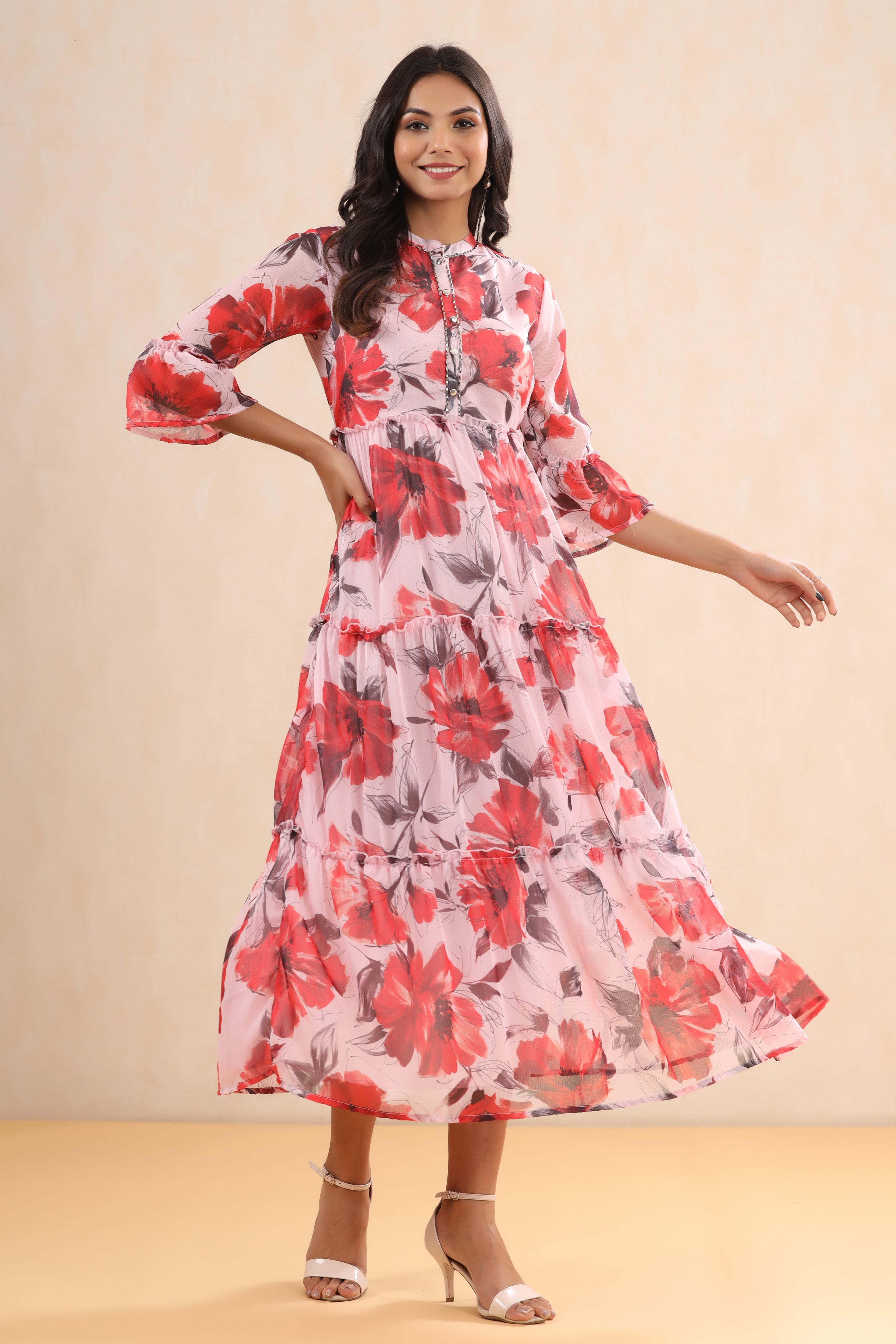 Juniper Pink Floral Printed Chiffon Maxi Dress With Buttons & Beads