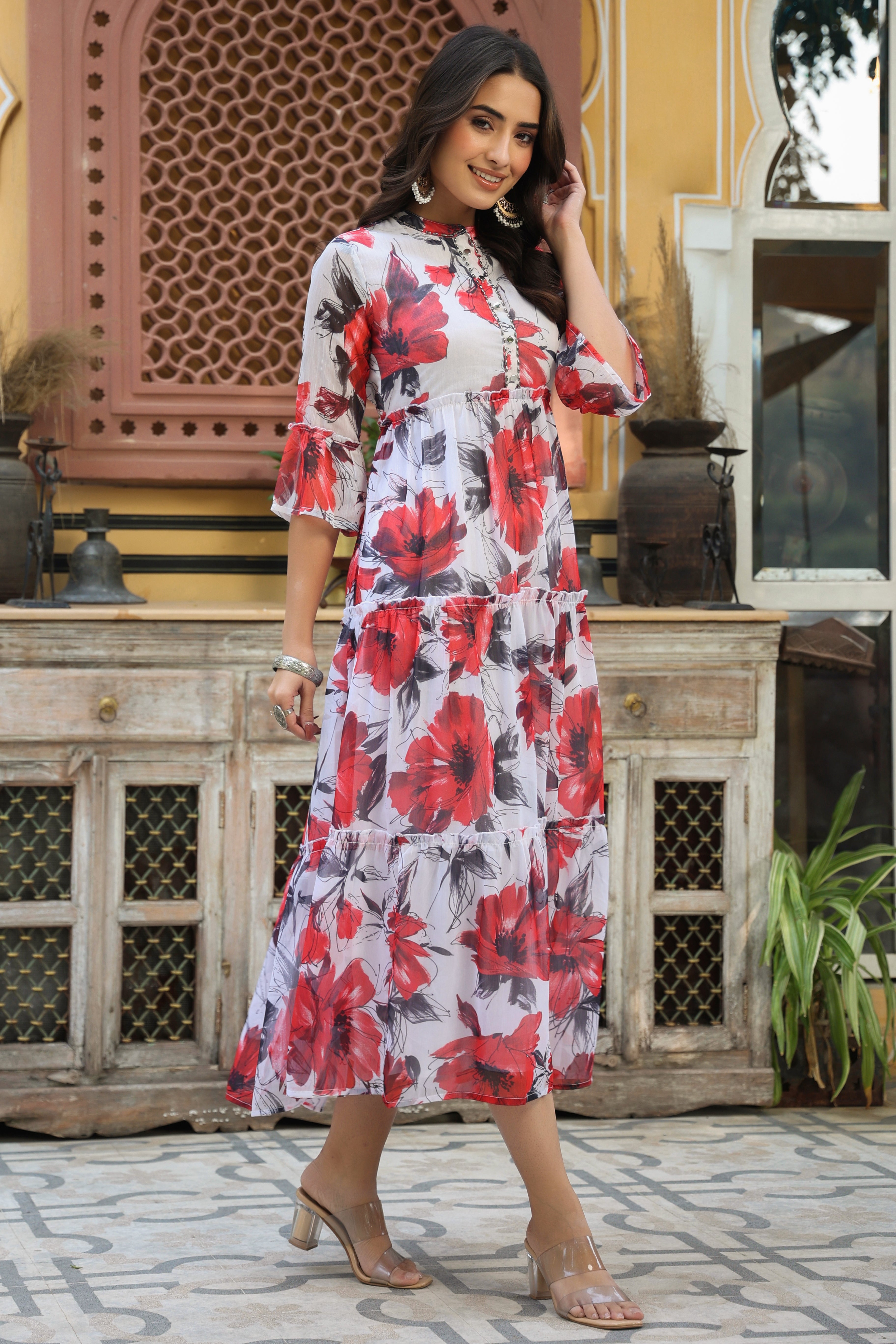 Juniper White Floral Printed Chiffon Dress With Buttons & Beads