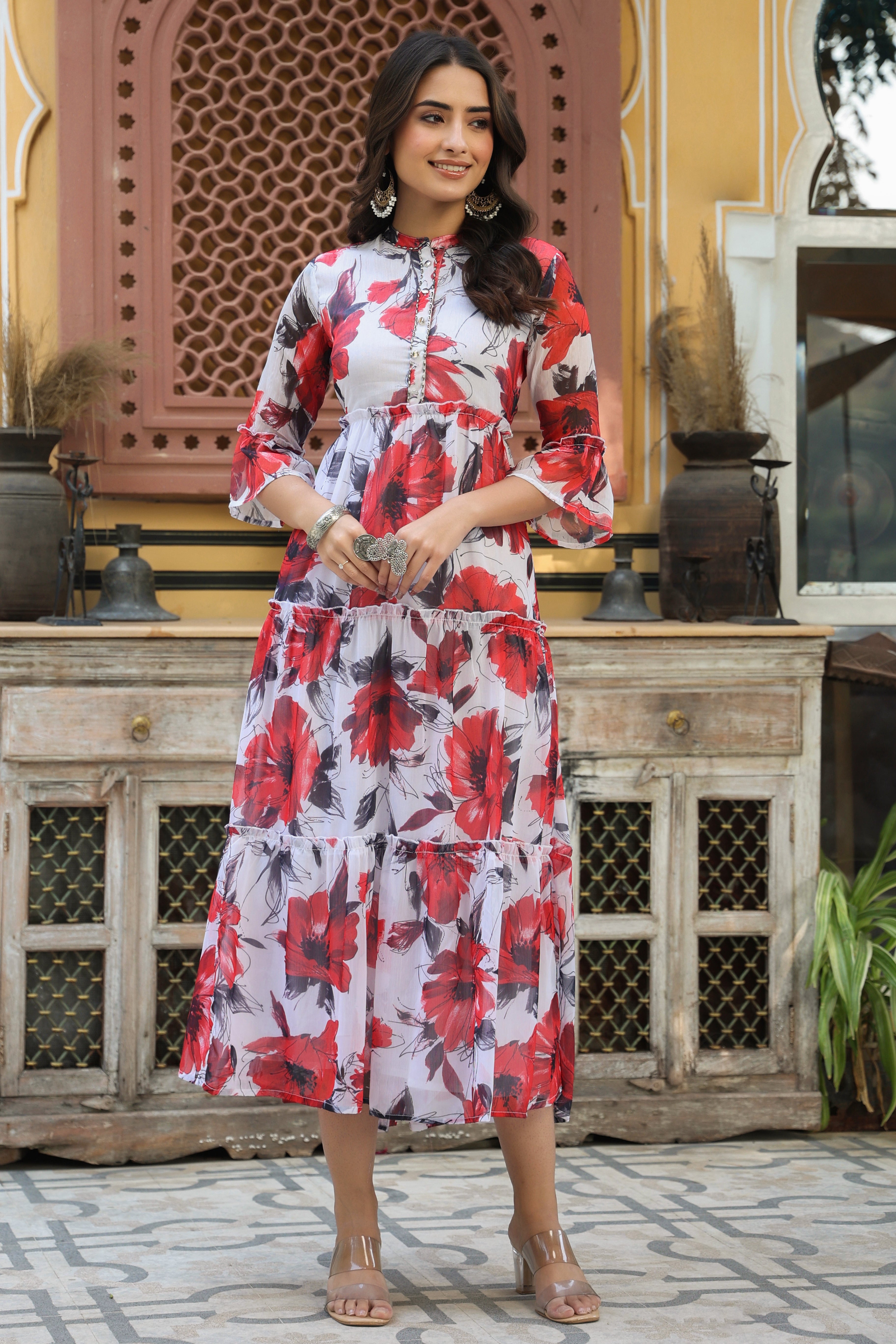 Juniper White Floral Printed Chiffon Dress With Buttons & Beads
