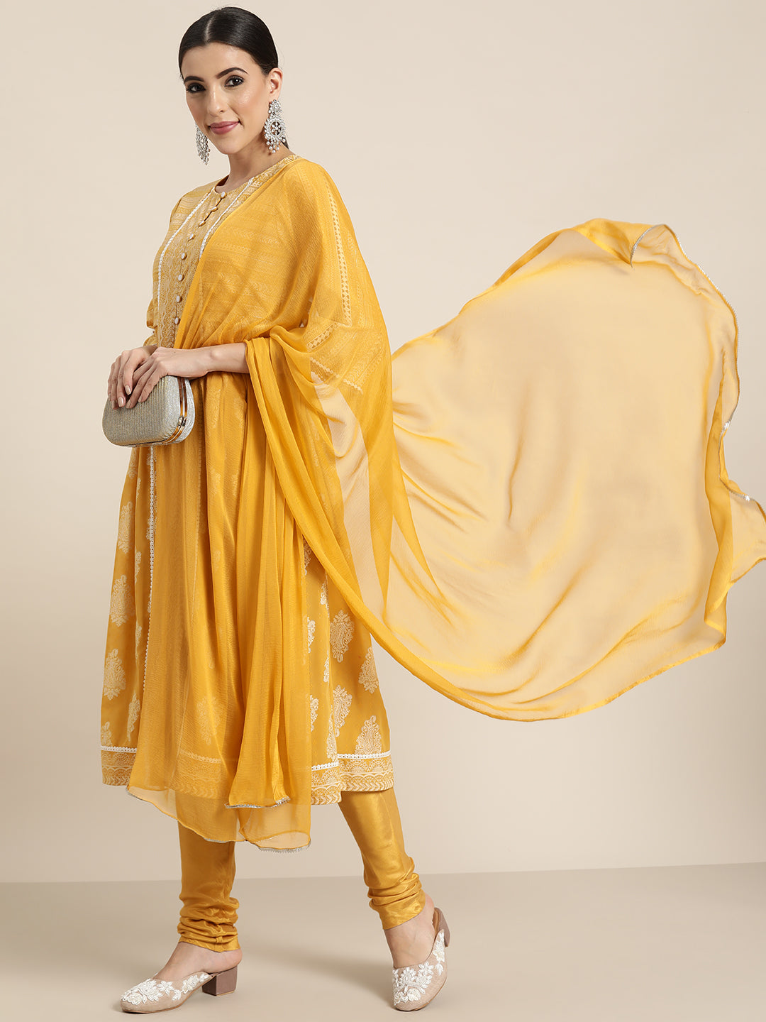 Juniper Yellow Georgette Printed Flared Kurta Churidar Dupatta