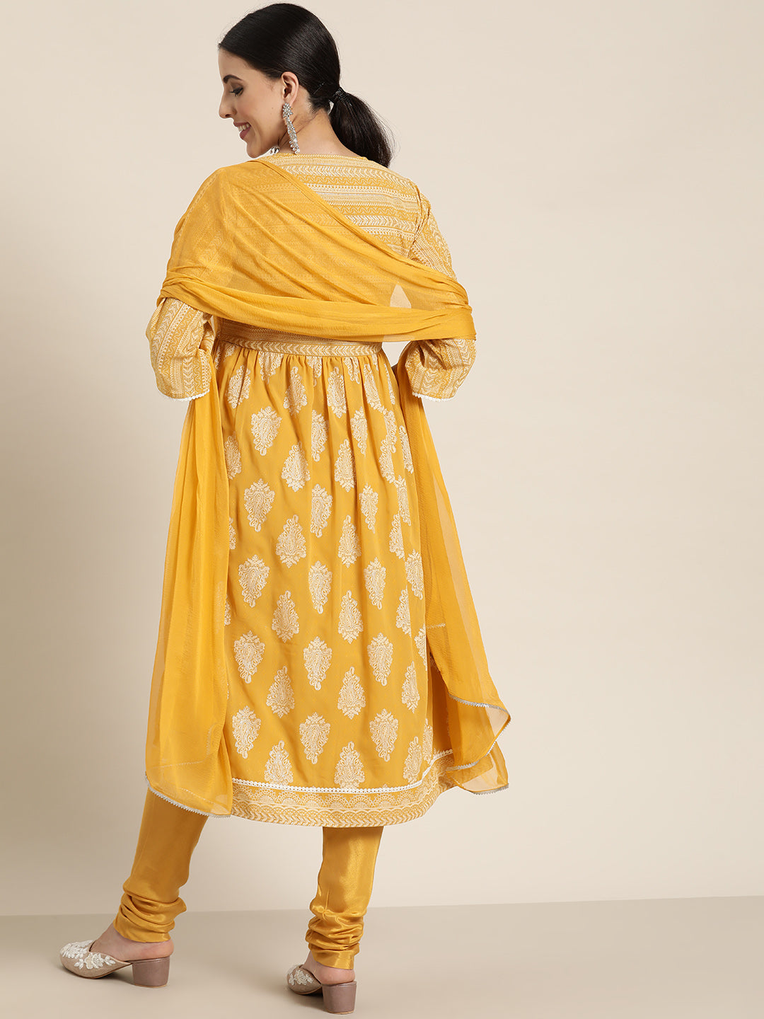 Juniper Yellow Georgette Printed Flared Kurta Churidar Dupatta