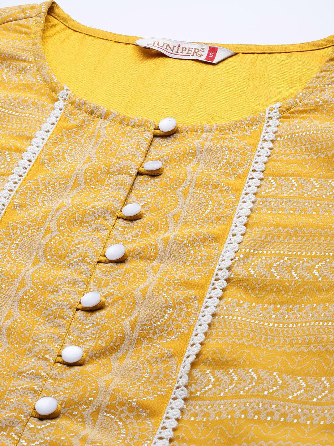 Juniper Yellow Georgette Printed Flared Kurta Churidar Dupatta