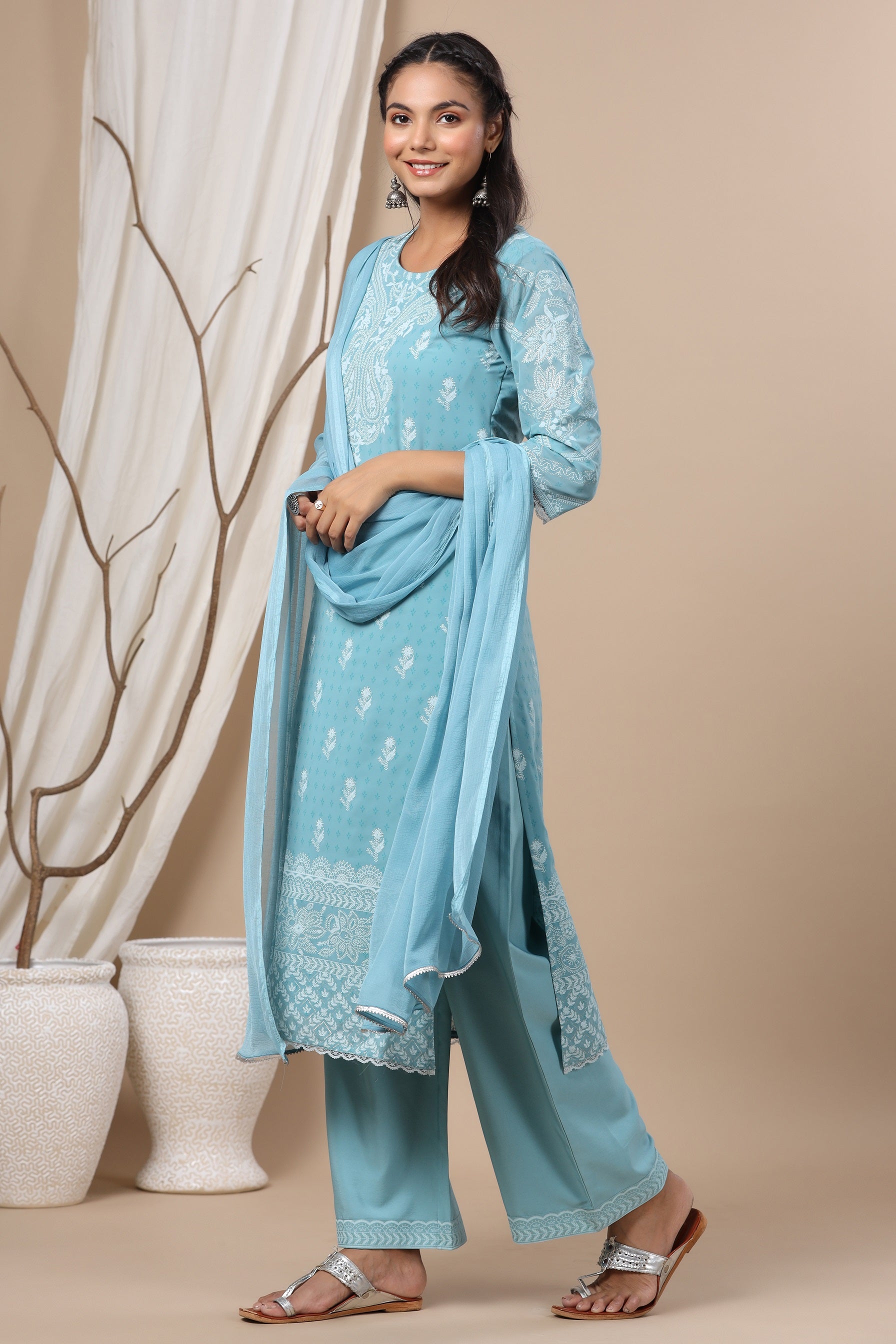 Juniper Women`s Blue Chiffon Printed Straight Kurta Sets
